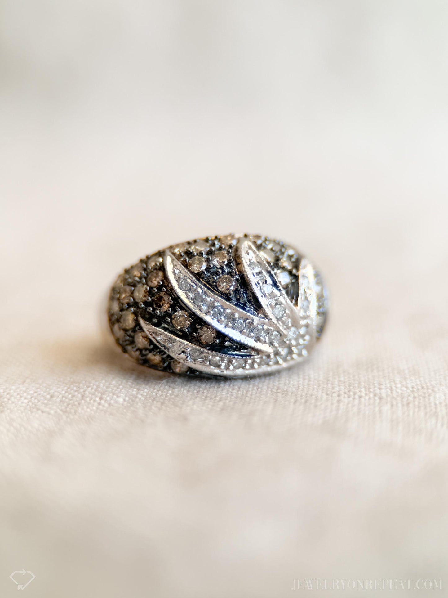 Vintage Pave Chocolate Diamond Floral Dome Ring in 10k White Gold, Antique Jewelry from the 1990s - Timeless, Sustainable, @JewelryOnRepeat