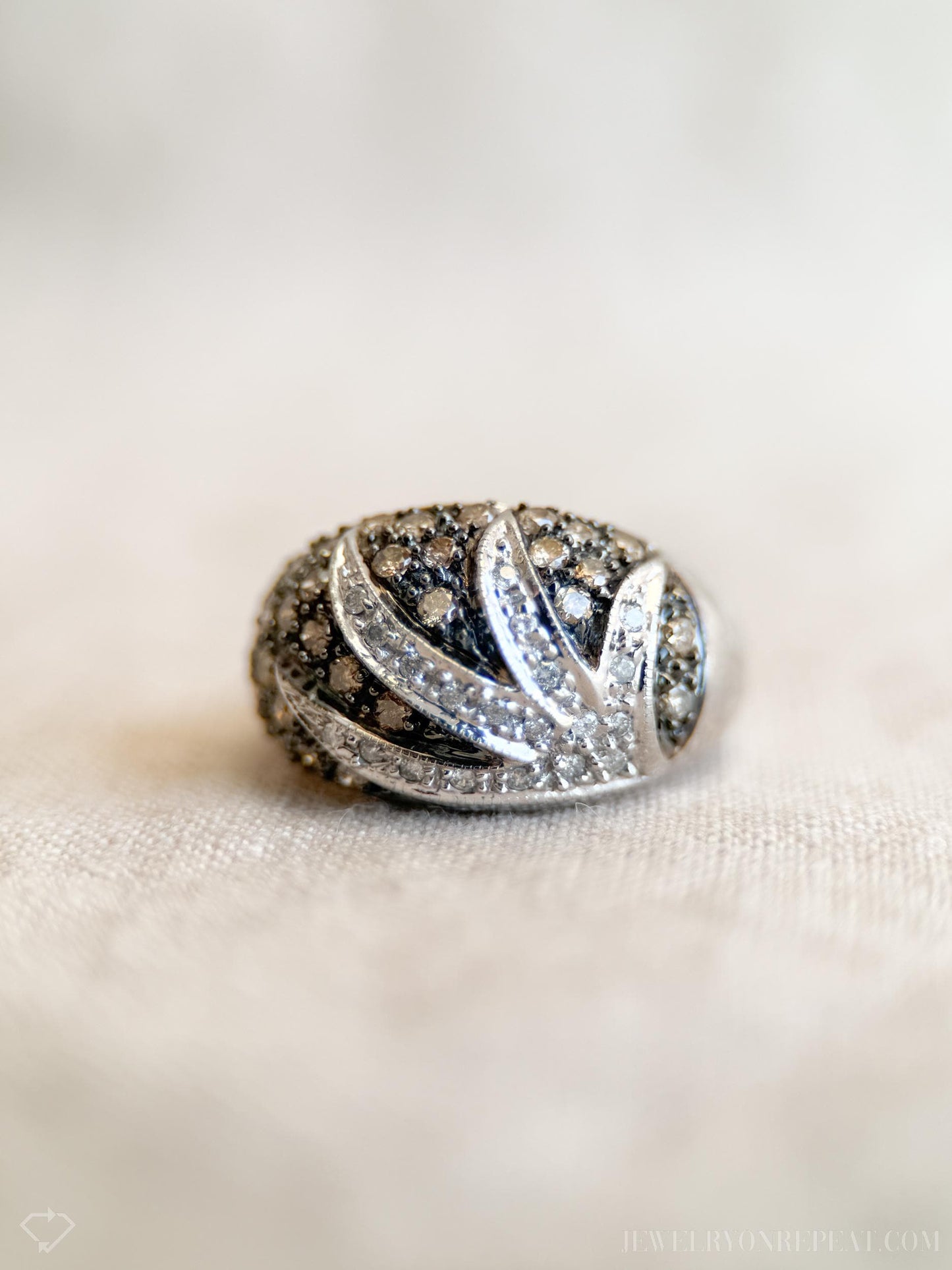 Vintage Pave Chocolate Diamond Floral Dome Ring in 10k White Gold, Antique Jewelry from the 1990s - Timeless, Sustainable, @JewelryOnRepeat