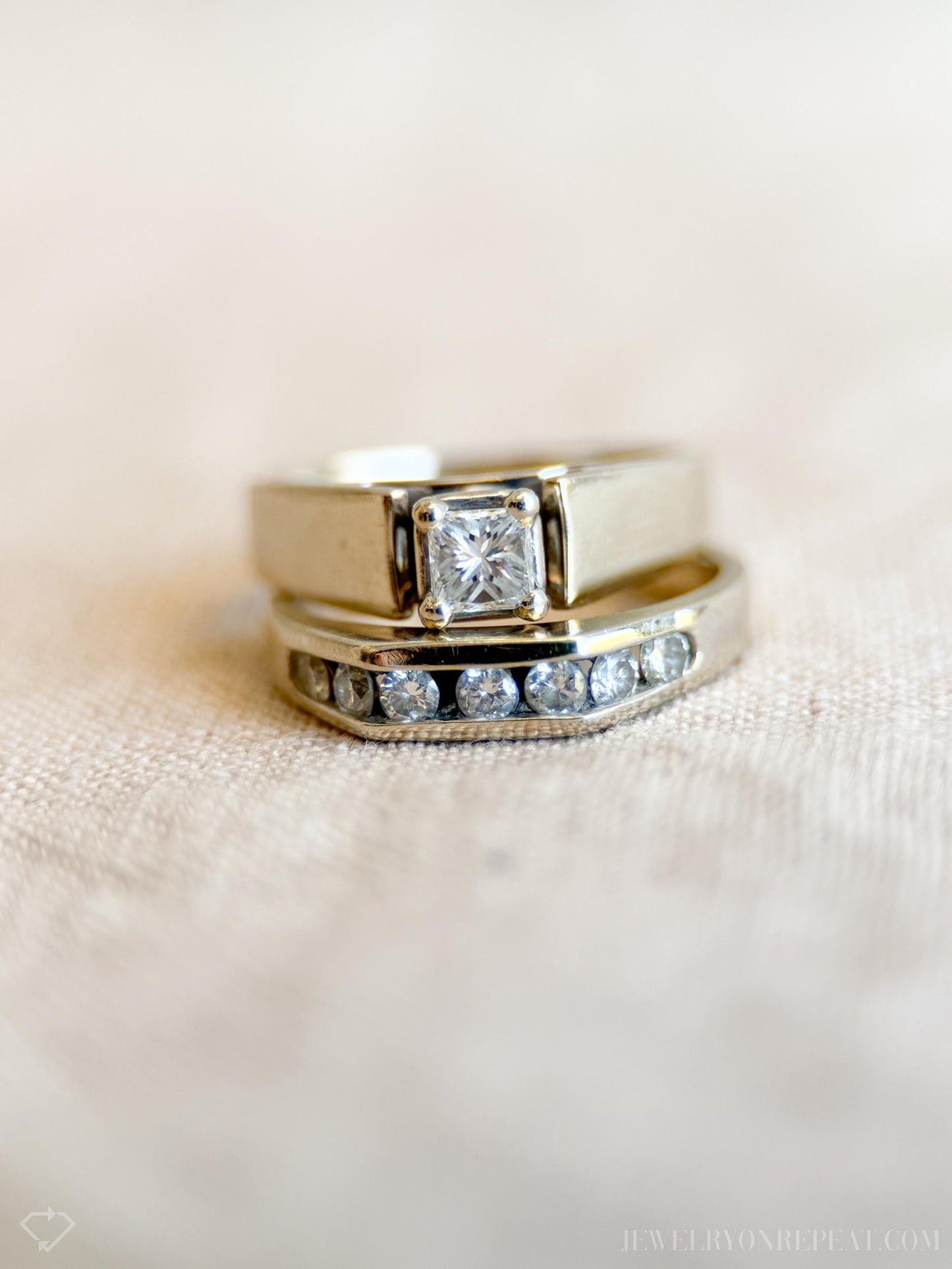 Vintage Princess Cut Diamond Bridal Set with Channel Set Wedding Band in 14k White Gold - Timeless, Sustainable, @JewelryOnRepeat