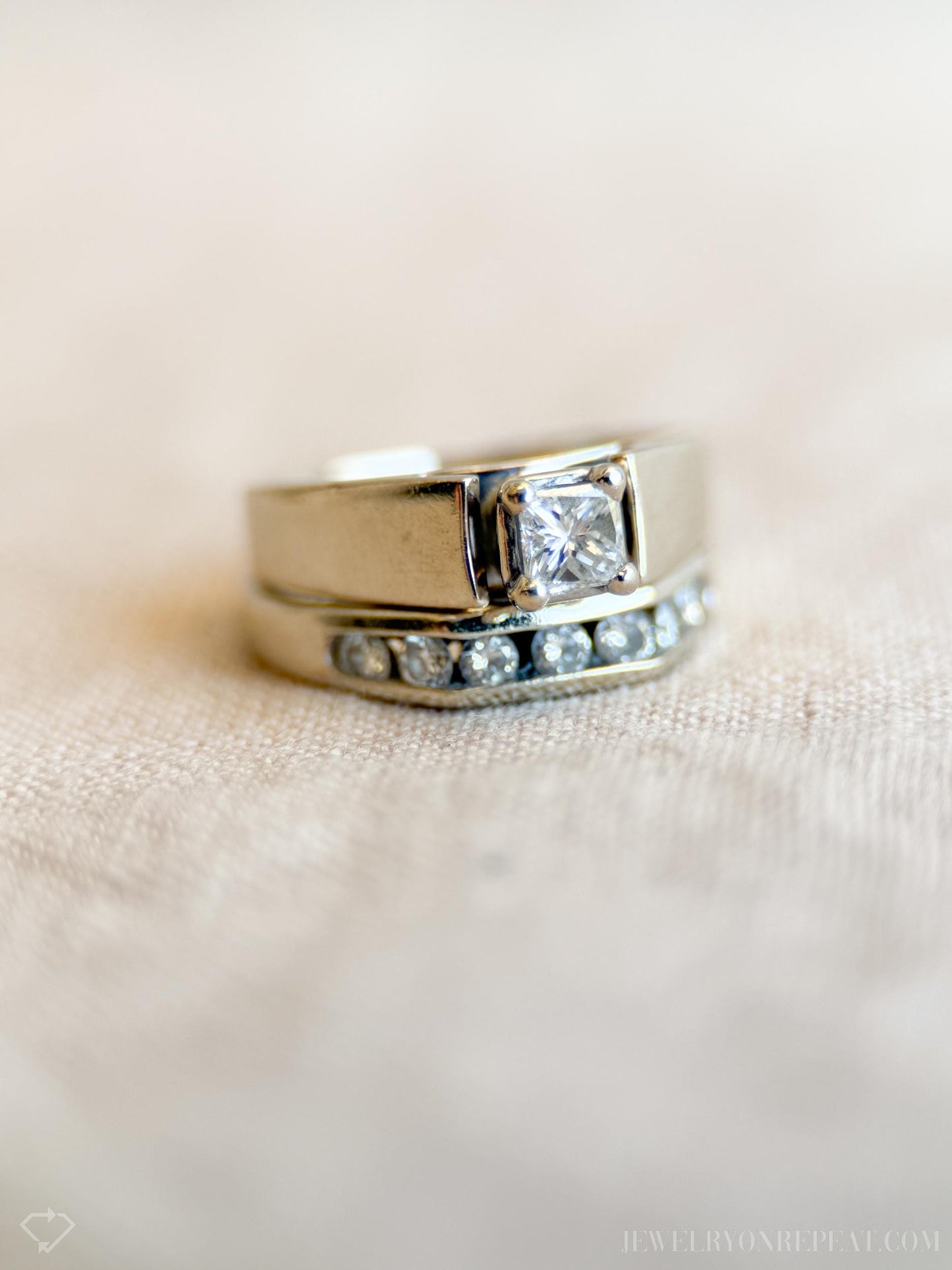 Vintage Princess Cut Diamond Bridal Set with Channel Set Wedding Band in 14k White Gold - Timeless, Sustainable, @JewelryOnRepeat