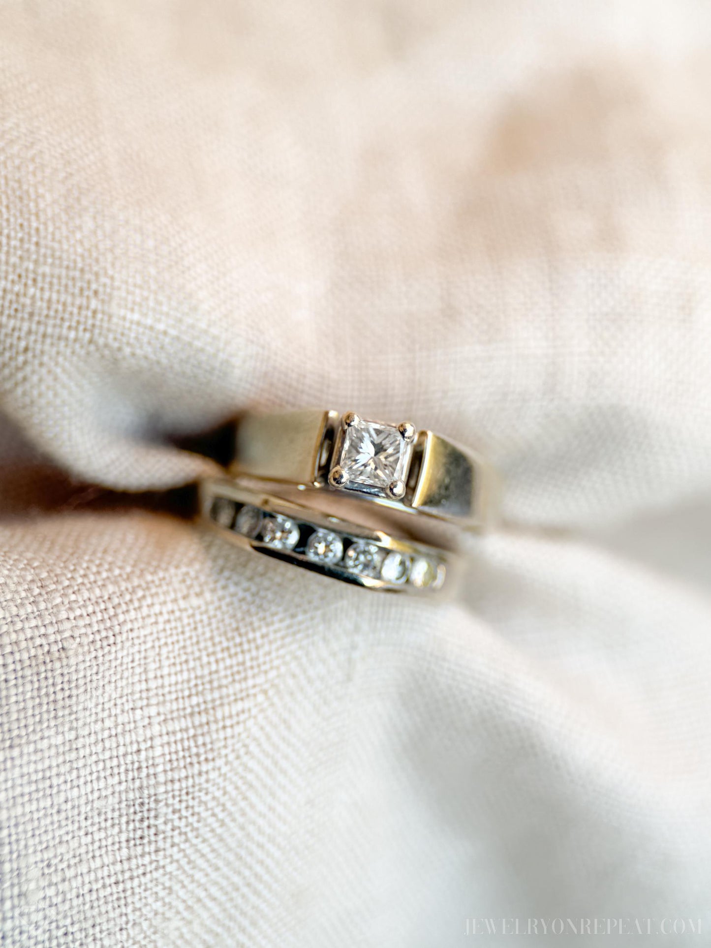Vintage Princess Cut Diamond Bridal Set with Channel Set Wedding Band in 14k White Gold - Timeless, Sustainable, @JewelryOnRepeat