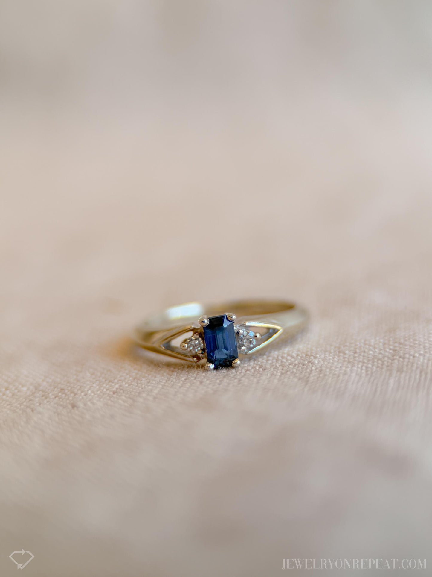 Vintage Emerald Cut Blue Sapphire Ring in 14k White Gold, Retro Jewelry from the 1990s - Timeless, Sustainable, @JewelryOnRepeat