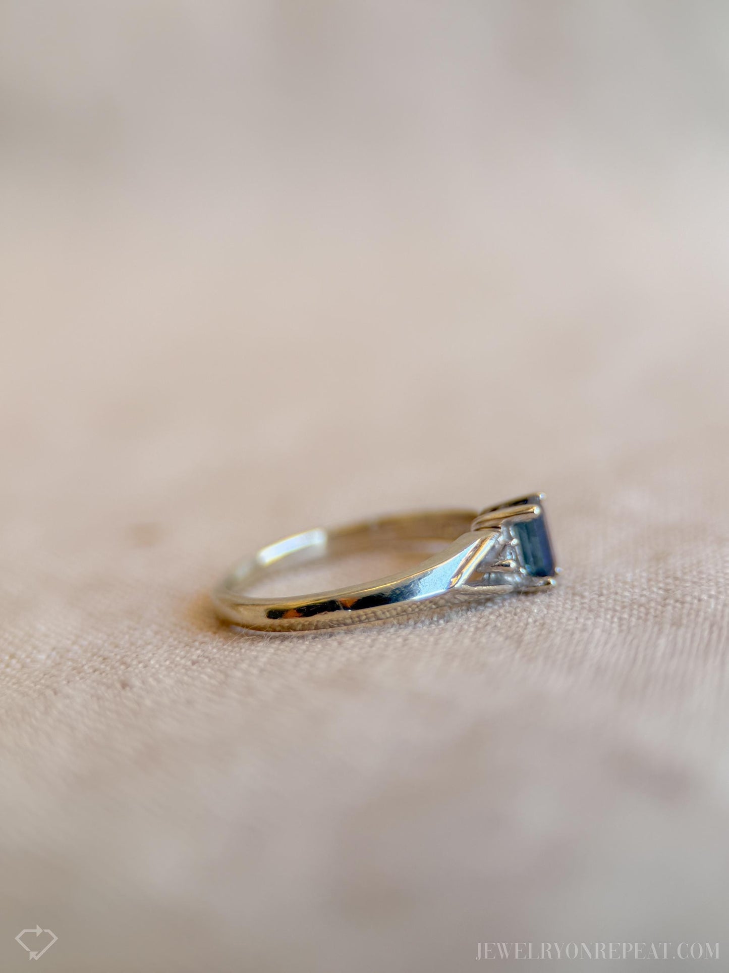 Vintage Emerald Cut Blue Sapphire Ring in 14k White Gold, Retro Jewelry from the 1990s - Timeless, Sustainable, @JewelryOnRepeat