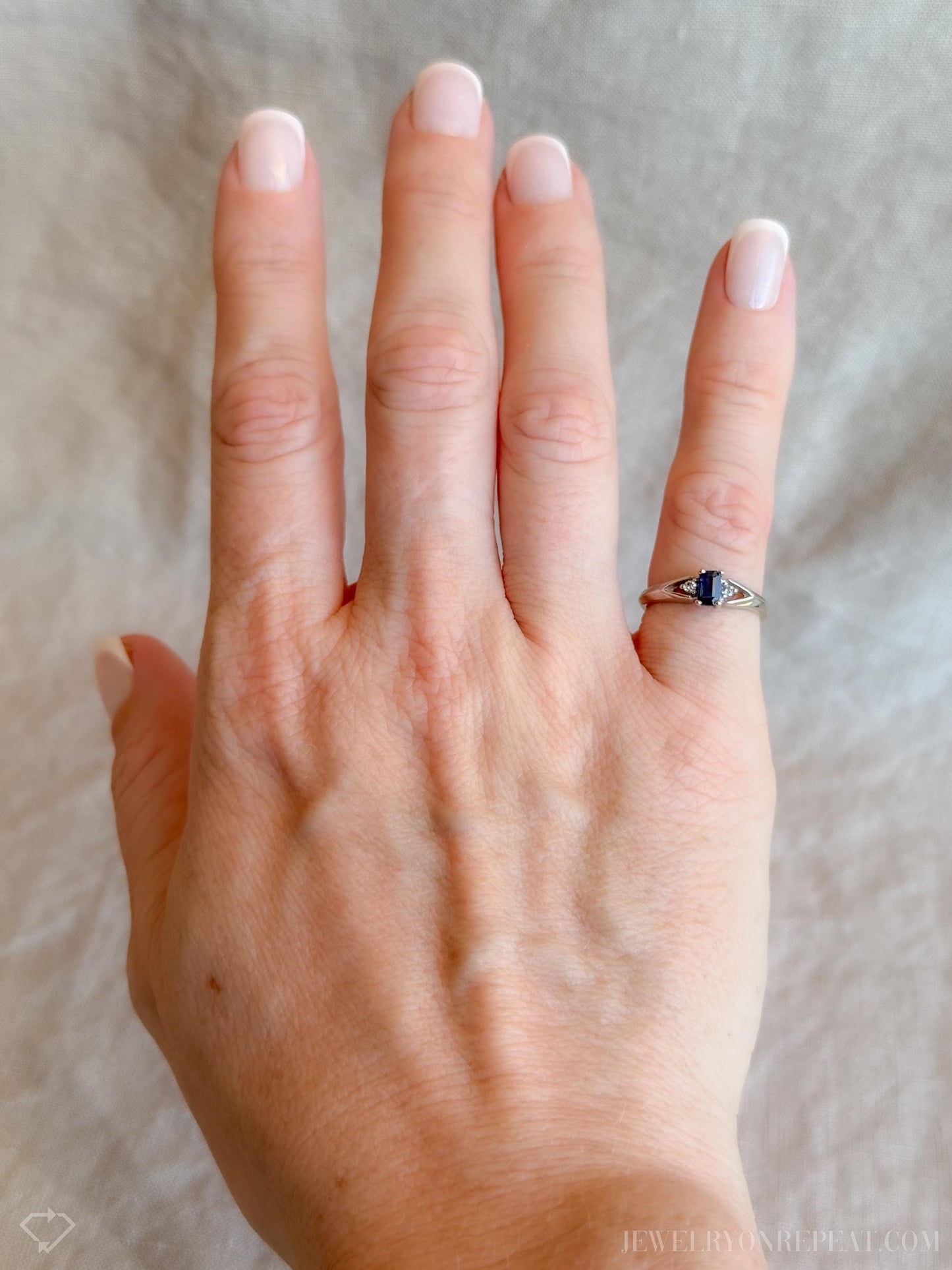 Vintage Emerald Cut Blue Sapphire Ring in 14k White Gold, Retro Jewelry from the 1990s - Timeless, Sustainable, @JewelryOnRepeat