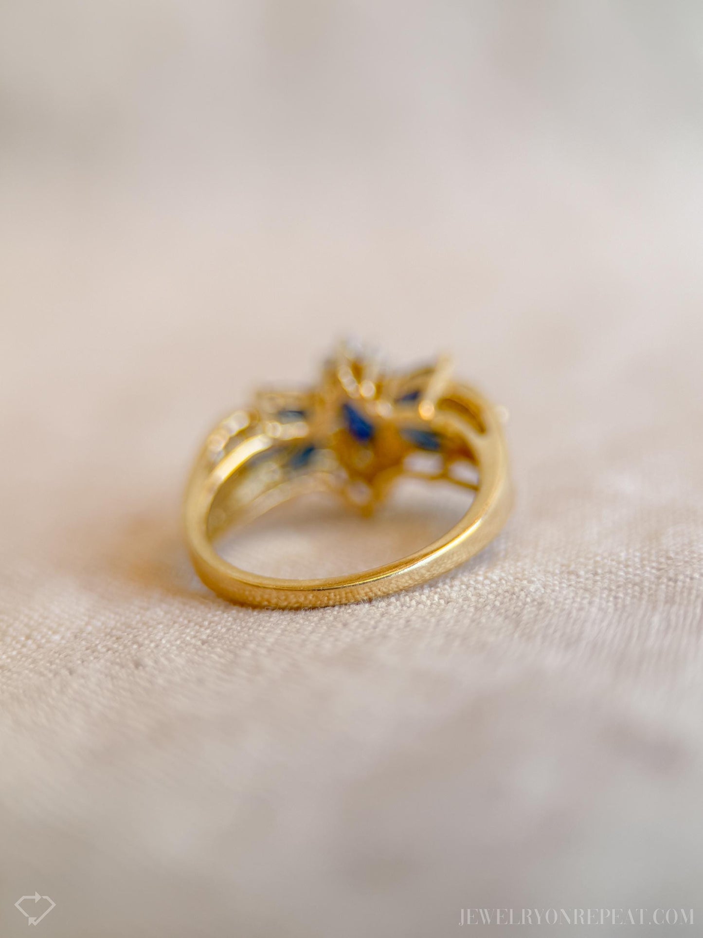 Vintage Blue Sapphire Gemstone Ring with Sunburst Diamond in 14k Gold, Retro 1990s Jewelry - Timeless, Sustainable, @JewelryOnRepeat