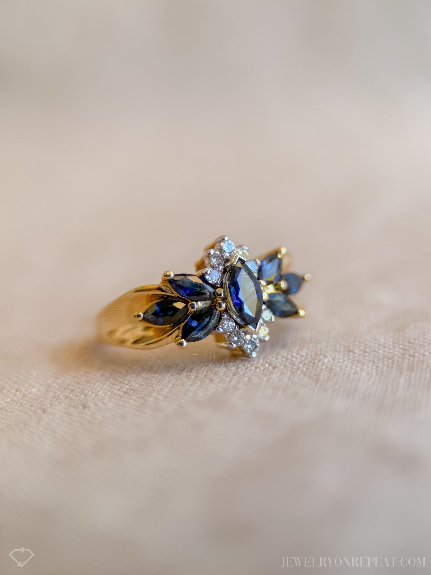 Vintage Blue Sapphire Gemstone Ring with Sunburst Diamond in 14k Gold, Retro 1990s Jewelry - Timeless, Sustainable, @JewelryOnRepeat