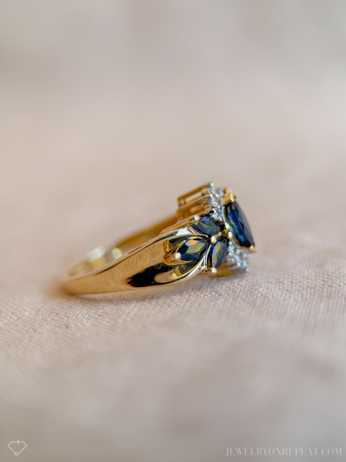 Vintage Blue Sapphire Gemstone Ring with Sunburst Diamond in 14k Gold, Retro 1990s Jewelry - Timeless, Sustainable, @JewelryOnRepeat