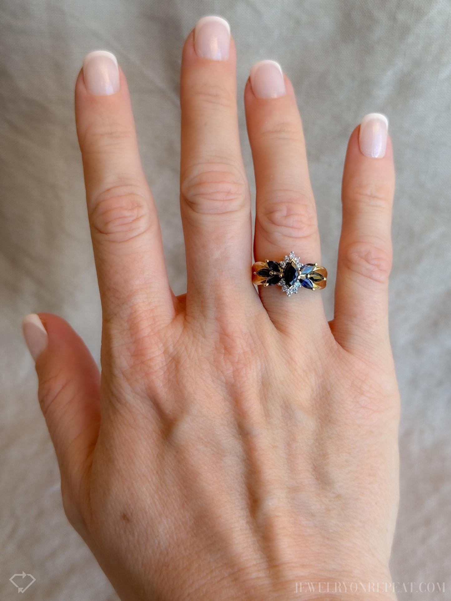 Vintage Blue Sapphire Gemstone Ring with Sunburst Diamond in 14k Gold, Retro 1990s Jewelry - Timeless, Sustainable, @JewelryOnRepeat