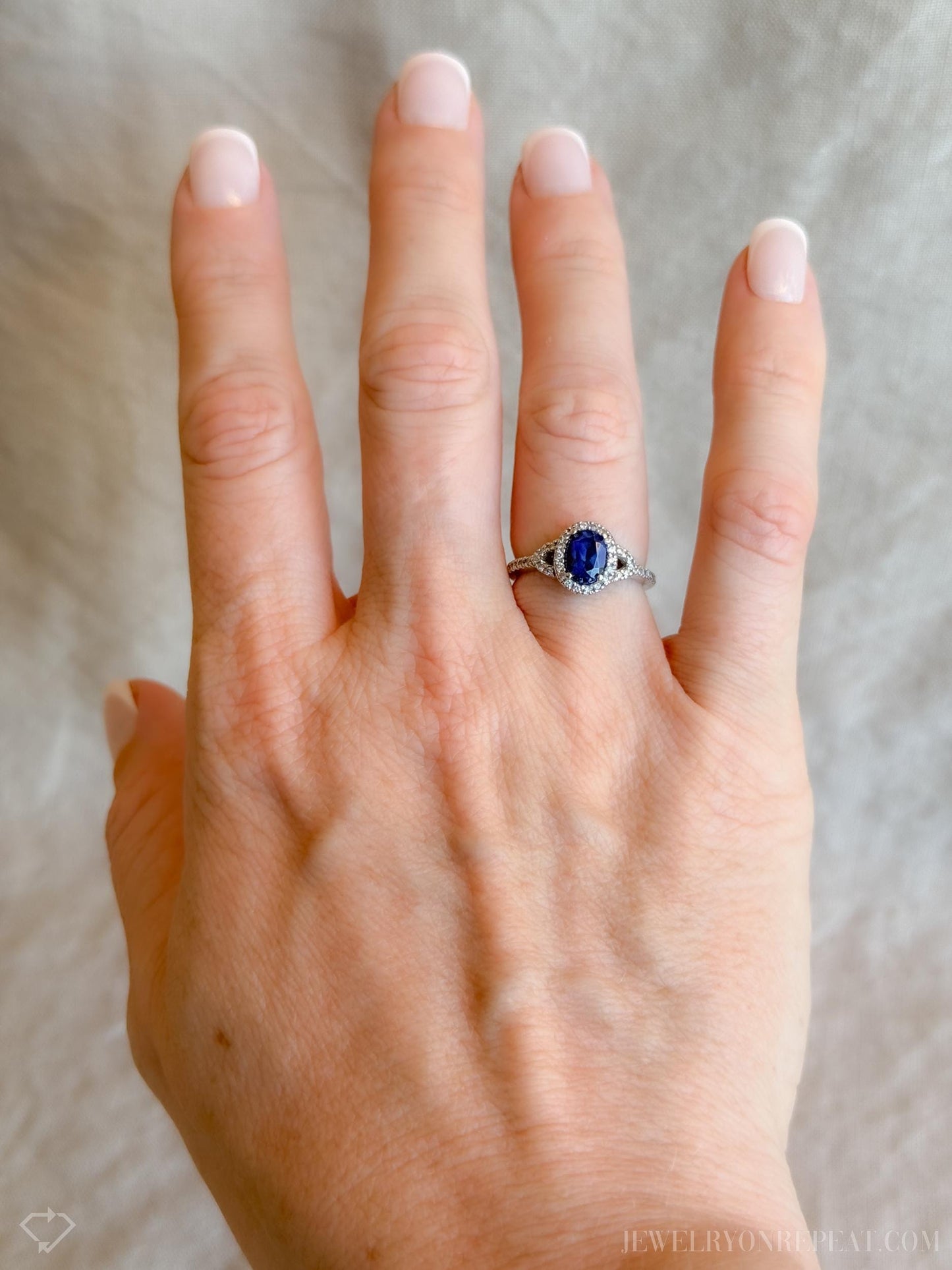 Vintage Oval Blue Sapphire Diamond Halo Ring in 10k White Gold, Retro Jewelry from the 1990s - Timeless, Sustainable, @JewelryOnRepeat