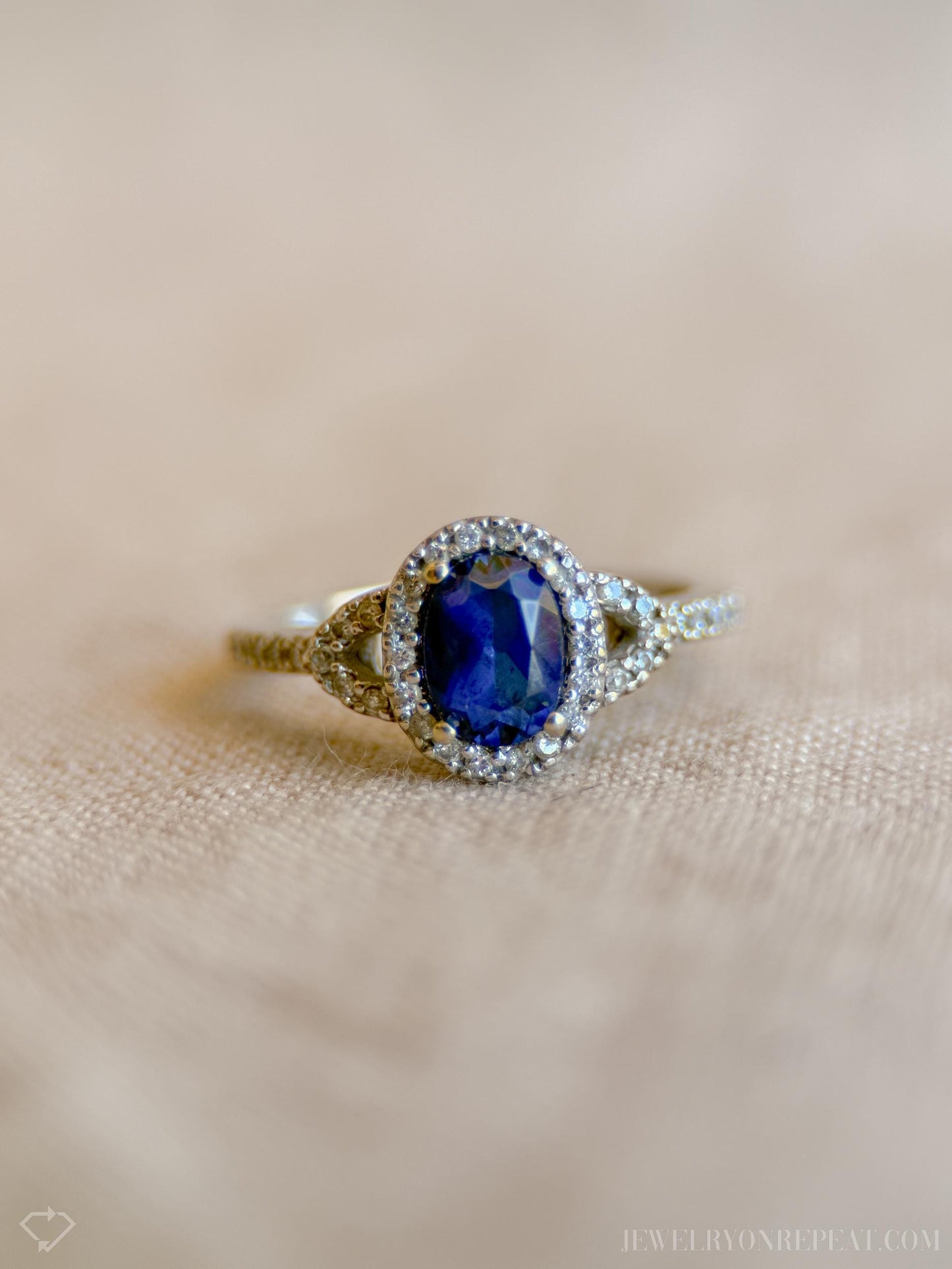 Vintage Oval Blue Sapphire Diamond Halo Ring in 10k White Gold, Retro Jewelry from the 1990s - Timeless, Sustainable, @JewelryOnRepeat