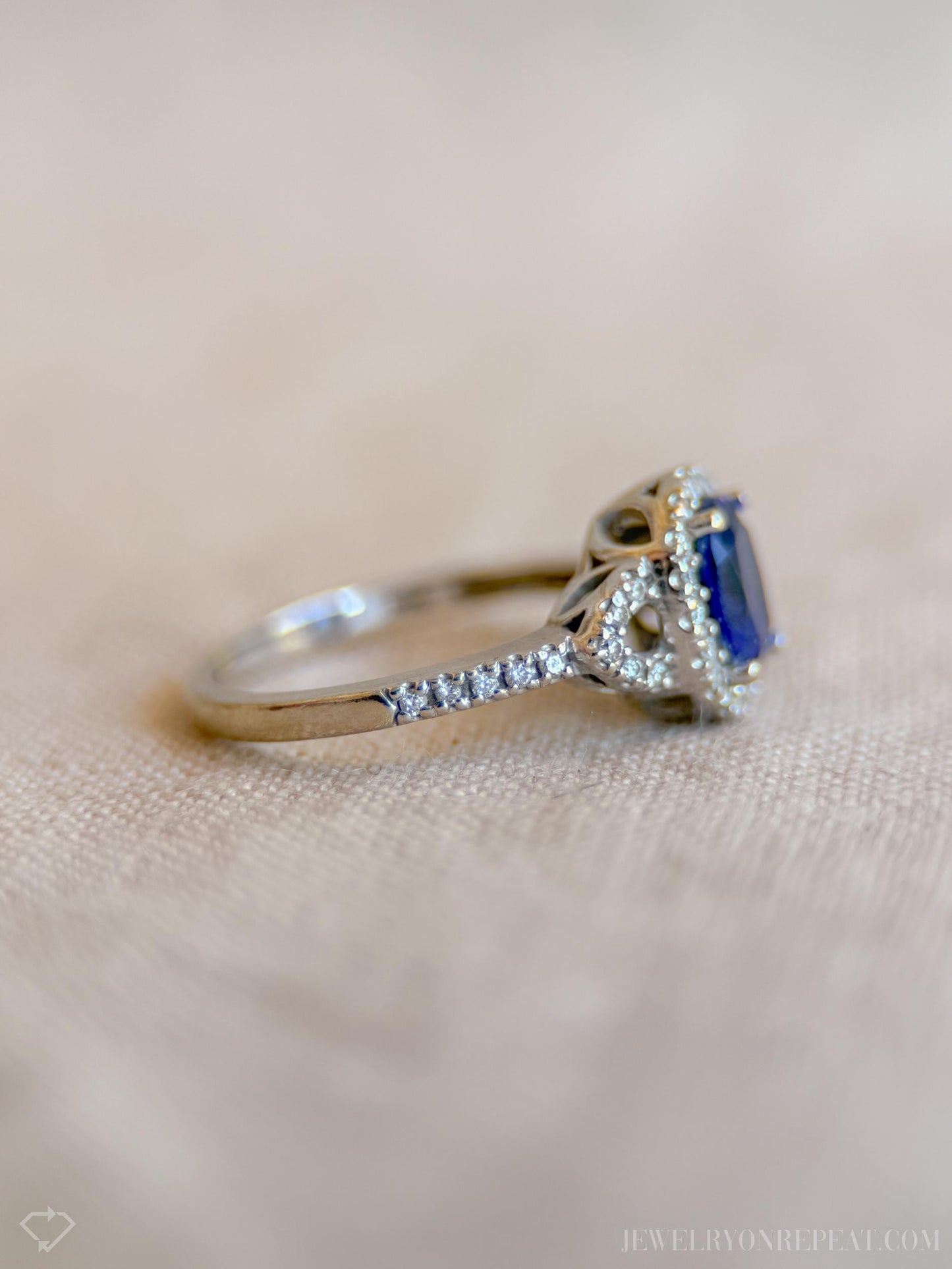 Vintage Oval Blue Sapphire Diamond Halo Ring in 10k White Gold, Retro Jewelry from the 1990s - Timeless, Sustainable, @JewelryOnRepeat