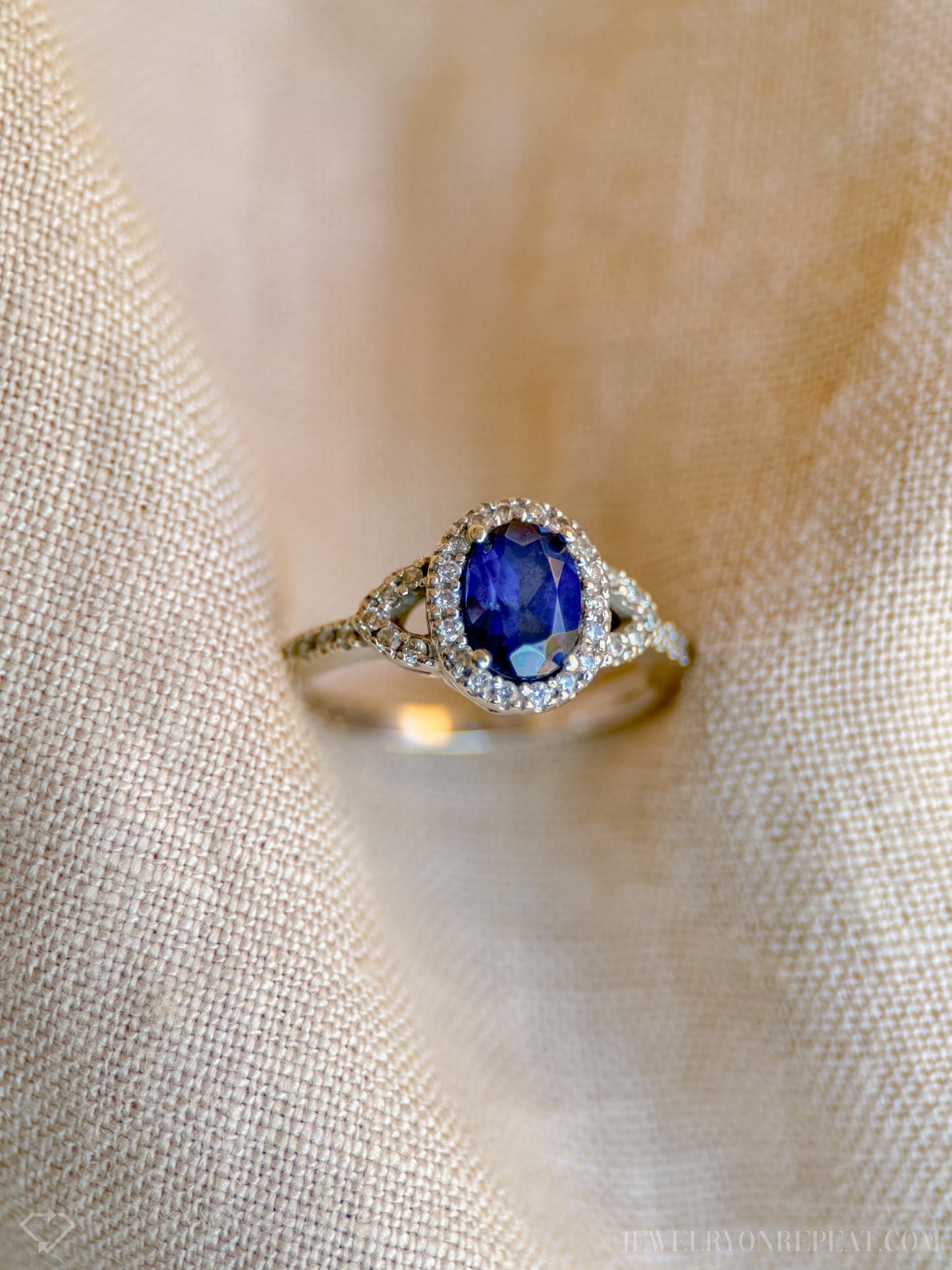 Vintage Oval Blue Sapphire Diamond Halo Ring in 10k White Gold, Retro Jewelry from the 1990s - Timeless, Sustainable, @JewelryOnRepeat