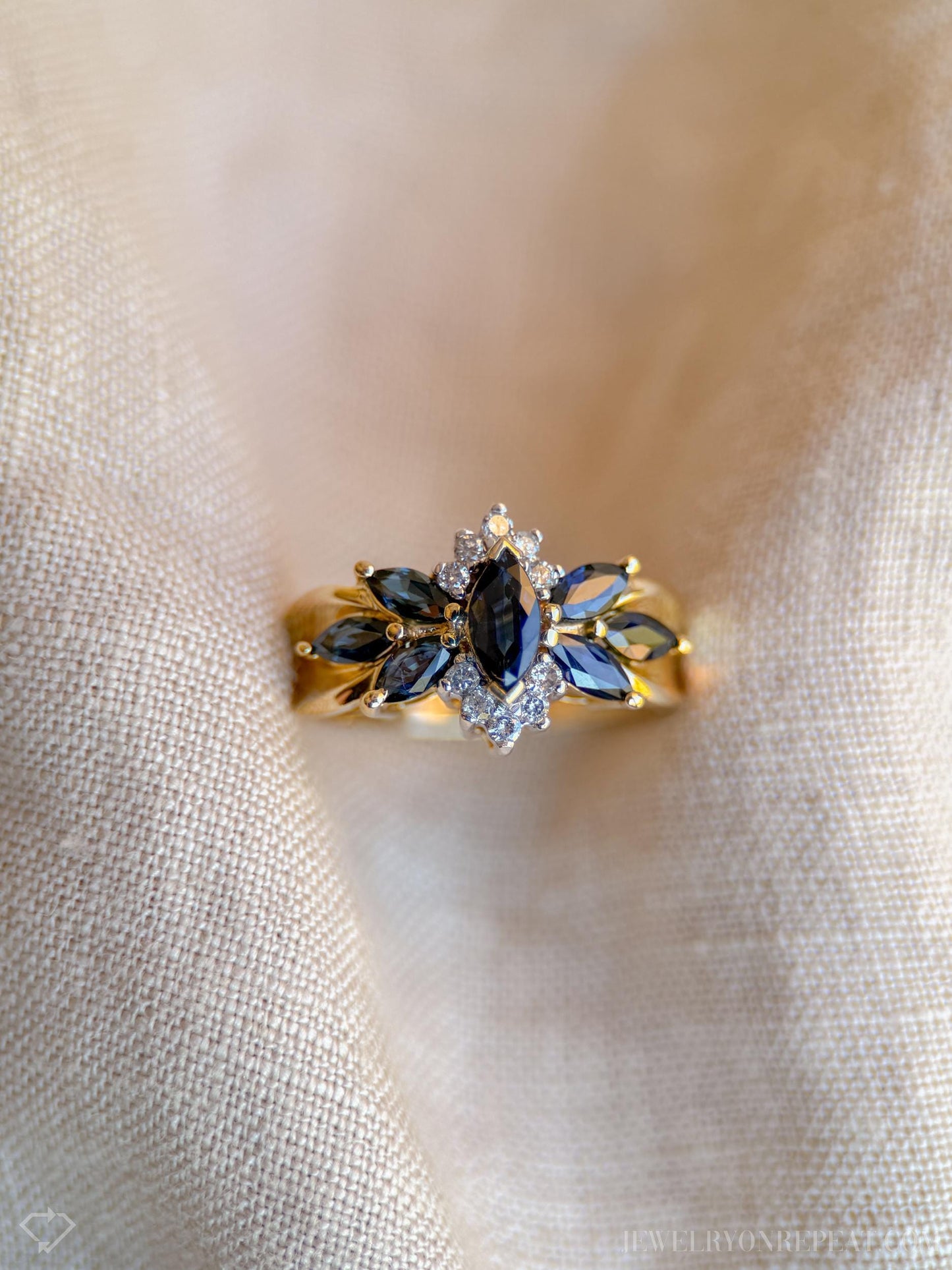 Vintage Blue Sapphire Gemstone Ring with Sunburst Diamond in 14k Gold, Retro 1990s Jewelry - Timeless, Sustainable, @JewelryOnRepeat