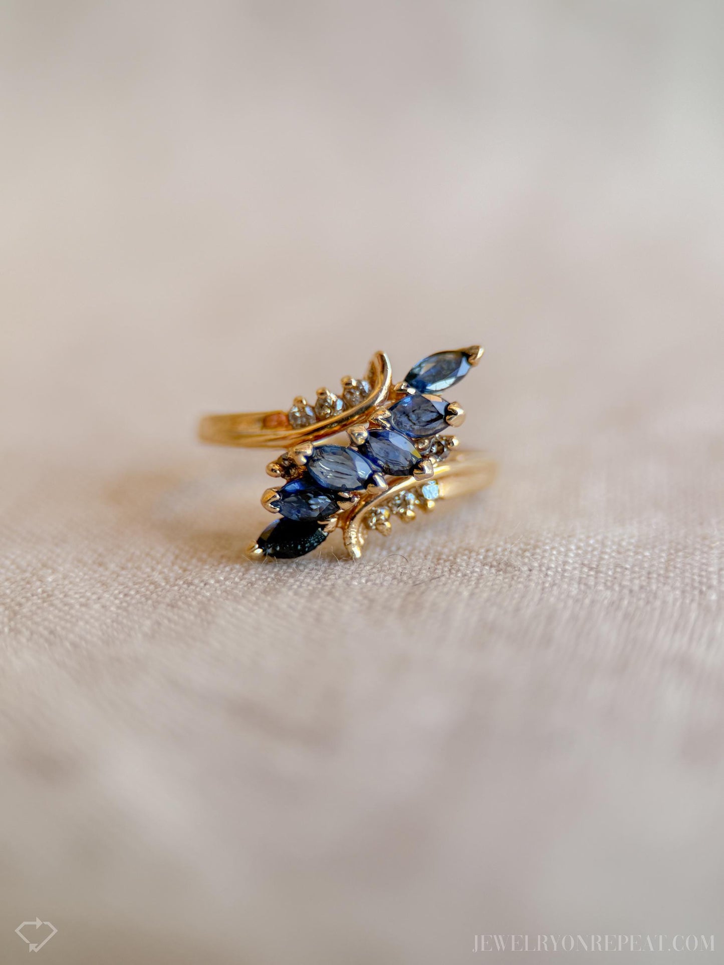 Vintage Blue Sapphire Marquise Cut Cluster Gemstone Ring in 14k Gold, Retro 1970s Jewelry - Timeless, Sustainable, @JewelryOnRepeat