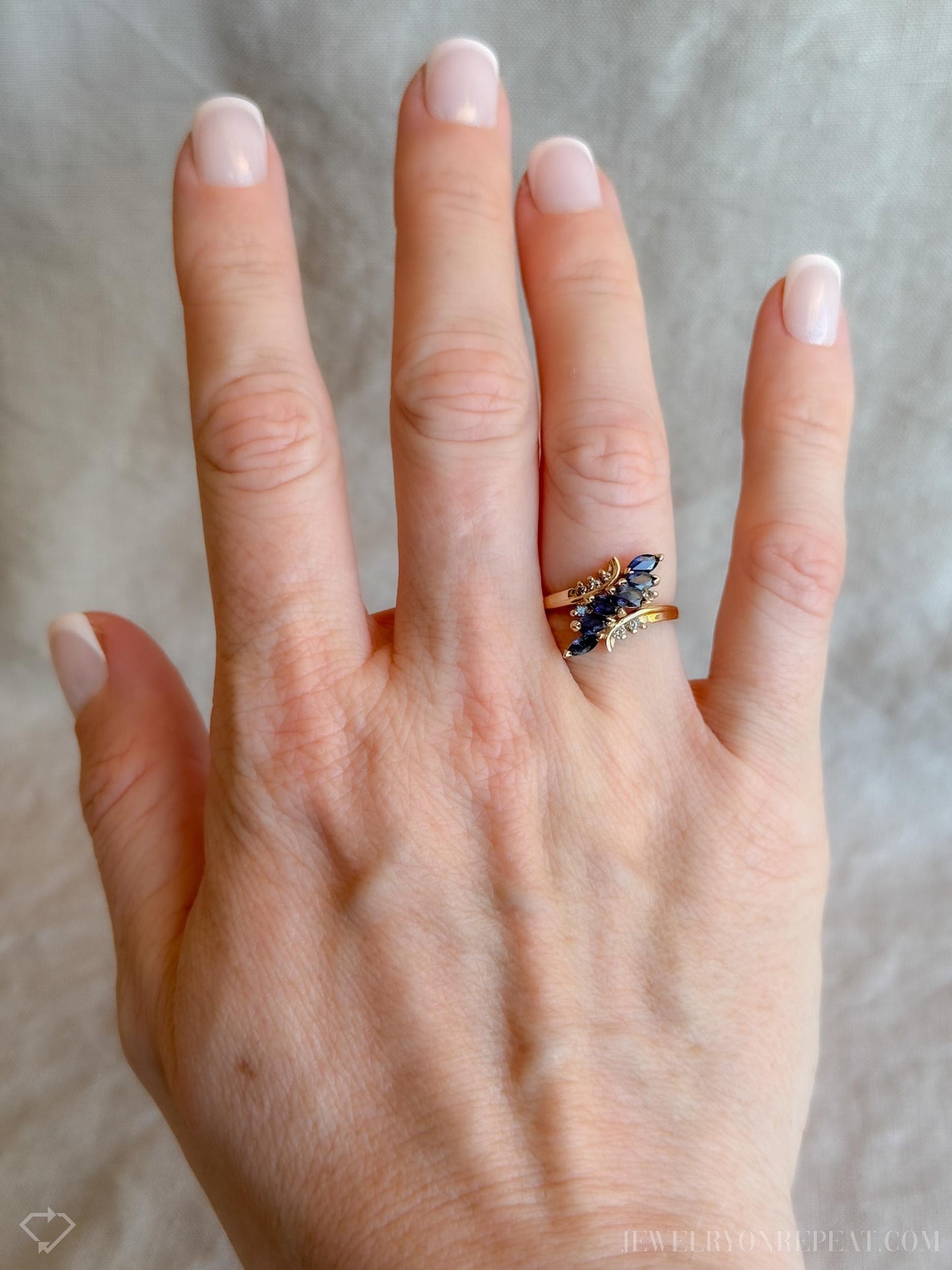 Vintage Blue Sapphire Marquise Cut Cluster Gemstone Ring in 14k Gold, Retro 1970s Jewelry - Timeless, Sustainable, @JewelryOnRepeat