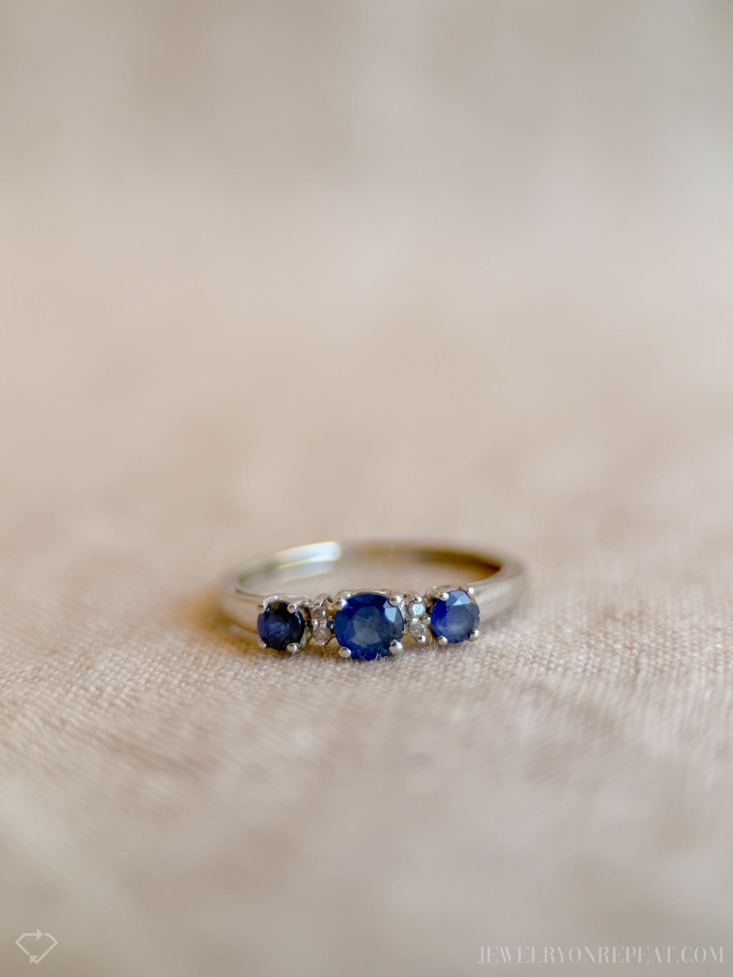 Vintage Three Stone Blue Sapphire Ring in 14k White Gold, Retro Jewelry from the 1990s - Timeless, Sustainable, @JewelryOnRepeat
