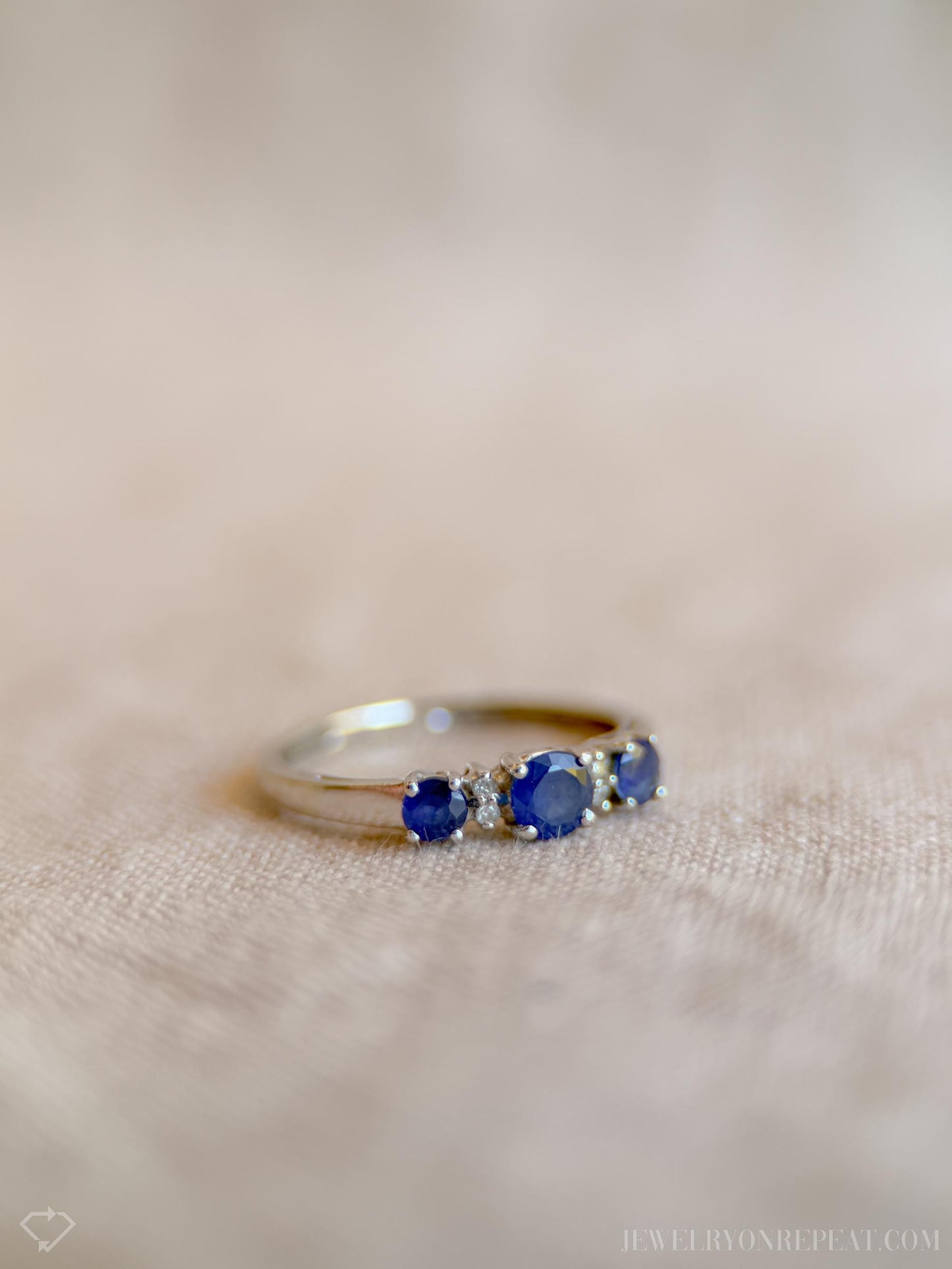 Vintage Three Stone Blue Sapphire Ring in 14k White Gold, Retro Jewelry from the 1990s - Timeless, Sustainable, @JewelryOnRepeat