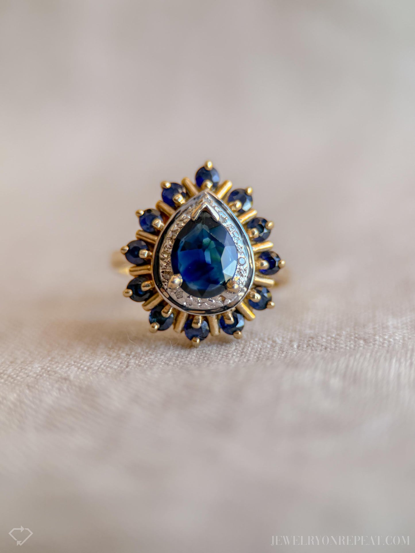 Vintage Pear Cut Sapphire and Diamond Ring in 10k Gold, Retro Jewelry from the 1990s - Timeless, Sustainable, @JewelryOnRepeat