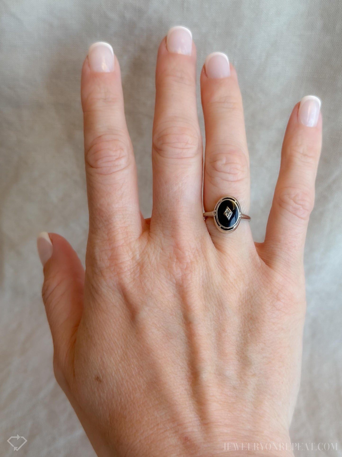Vintage Onyx and Diamond Ring in 14k White Gold, Antique Jewelry from the 1940s - Timeless, Sustainable, @JewelryOnRepeat