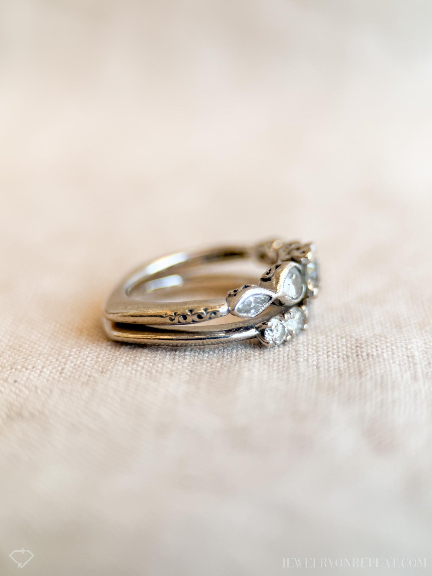 Vintage Diamond Filigree Bridal Set, Engagement Ring and Wedding Band in 14k White Gold - Timeless, Sustainable @JewelryOnRepeat