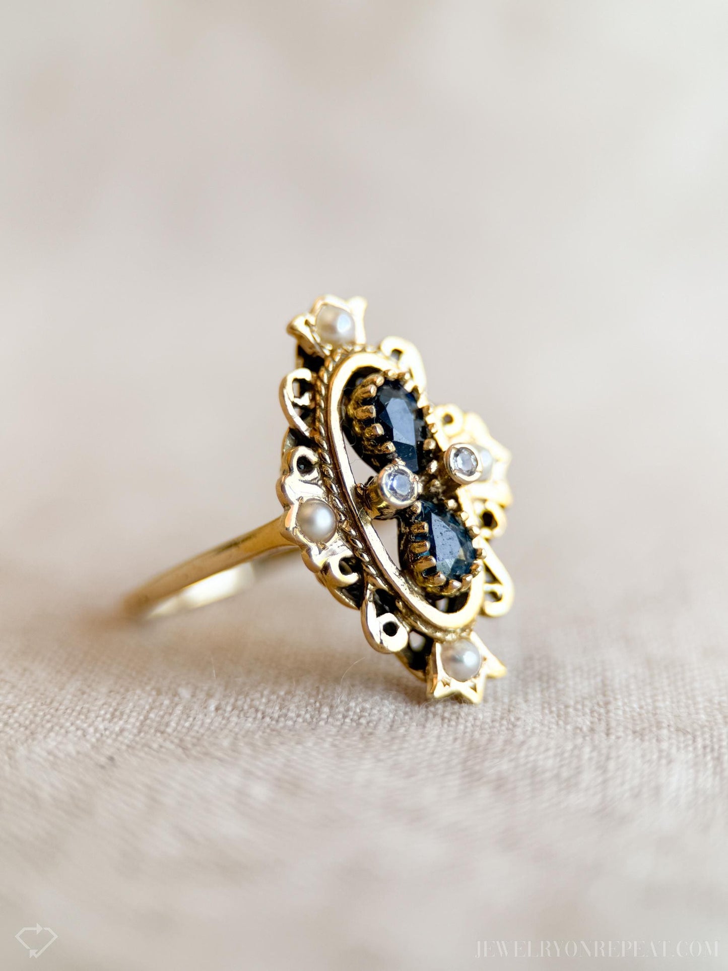 Vintage Blue Sapphire and Pearl Filigree Gemstone Ring in 14k Gold, Antique Jewelry from the 1940s - Timeless, Sustainable, @JewelryOnRepeat