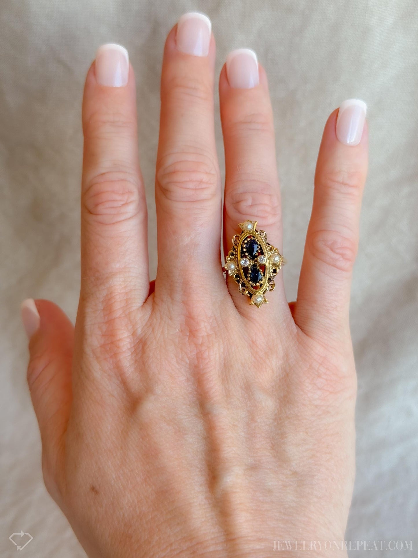 Vintage Blue Sapphire and Pearl Filigree Gemstone Ring in 14k Gold, Antique Jewelry from the 1940s - Timeless, Sustainable, @JewelryOnRepeat