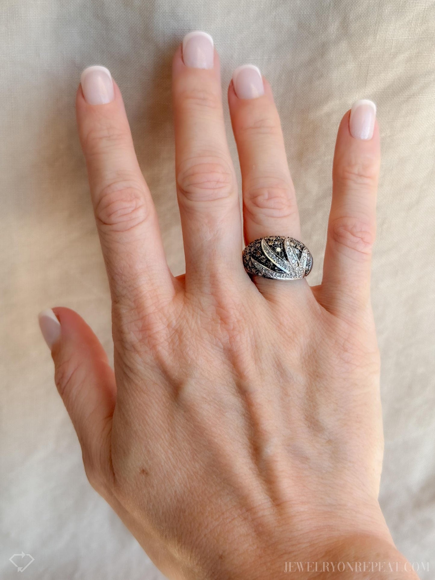 Vintage Pave Chocolate Diamond Floral Dome Ring in 10k White Gold, Antique Jewelry from the 1990s - Timeless, Sustainable, @JewelryOnRepeat