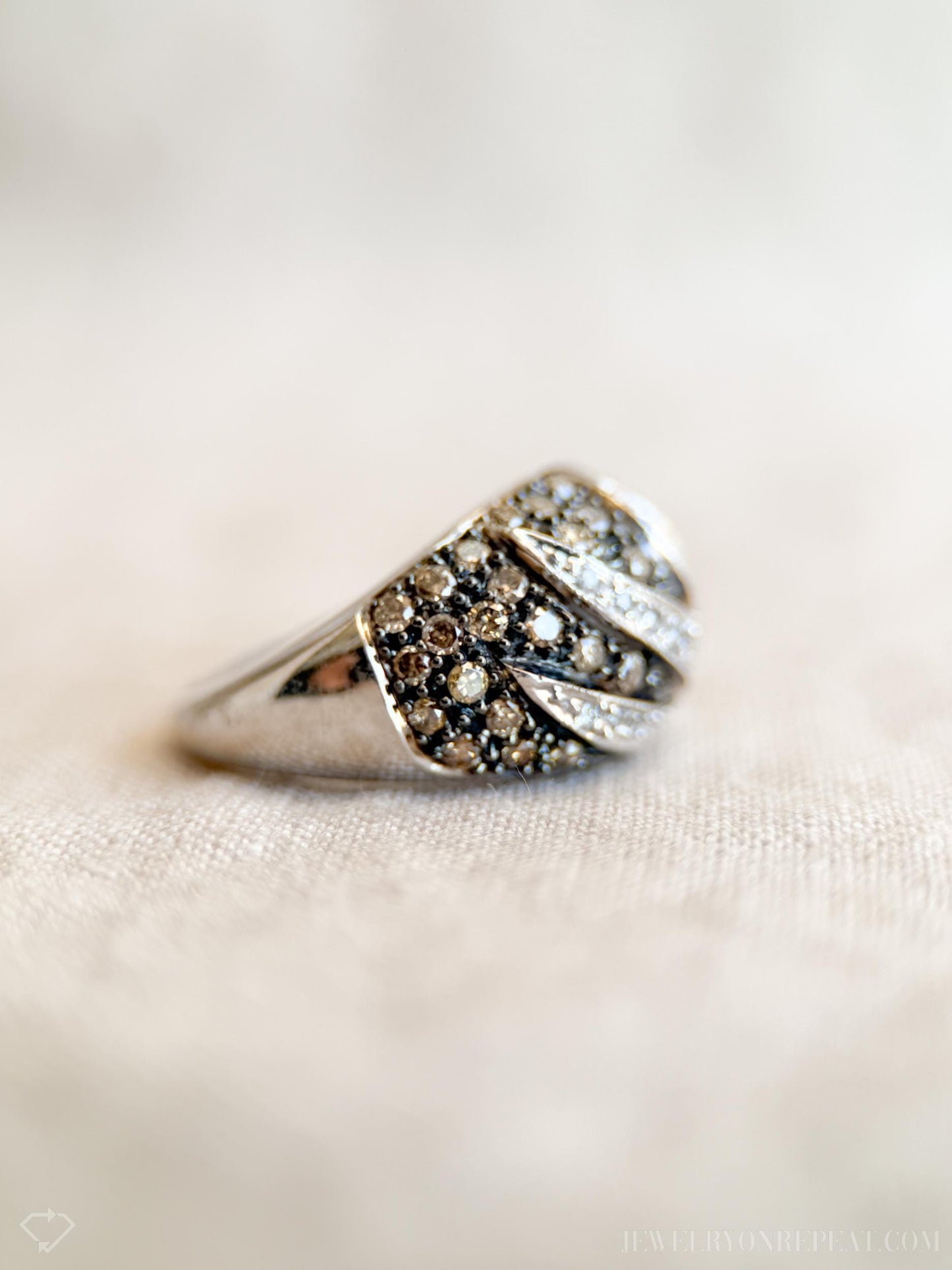 Vintage Pave Chocolate Diamond Floral Dome Ring in 10k White Gold, Antique Jewelry from the 1990s - Timeless, Sustainable, @JewelryOnRepeat