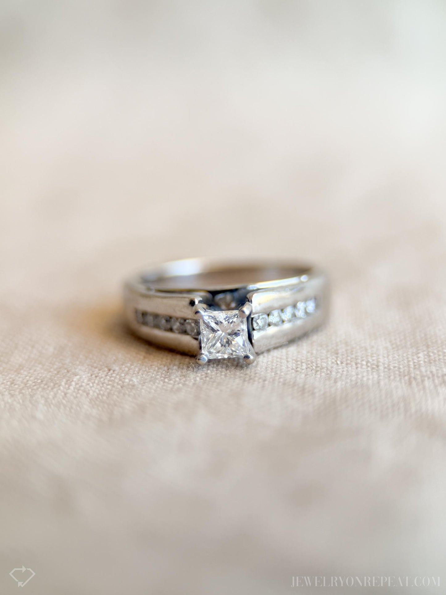 Vintage Diamond Princess Cut Channel Set Engagement Ring in 14k White Gold - Retro 1990s Jewelry - Timeless, Sustainable, @JewelryOnRepeat