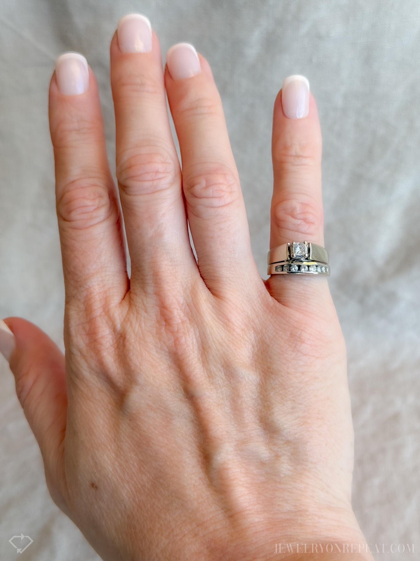Vintage Princess Cut Diamond Bridal Set with Channel Set Wedding Band in 14k White Gold - Timeless, Sustainable, @JewelryOnRepeat