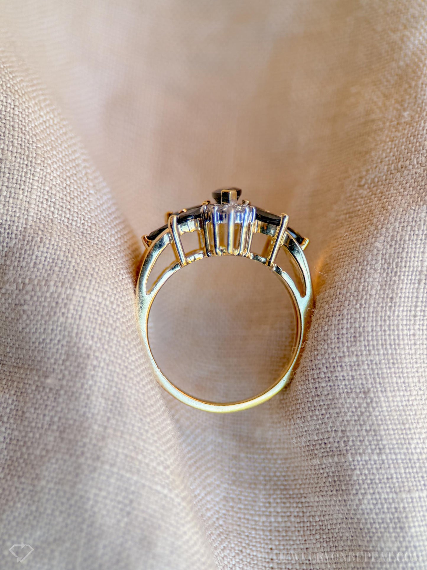 Vintage Blue Sapphire Gemstone Ring with Sunburst Diamond in 14k Gold, Retro 1990s Jewelry - Timeless, Sustainable, @JewelryOnRepeat