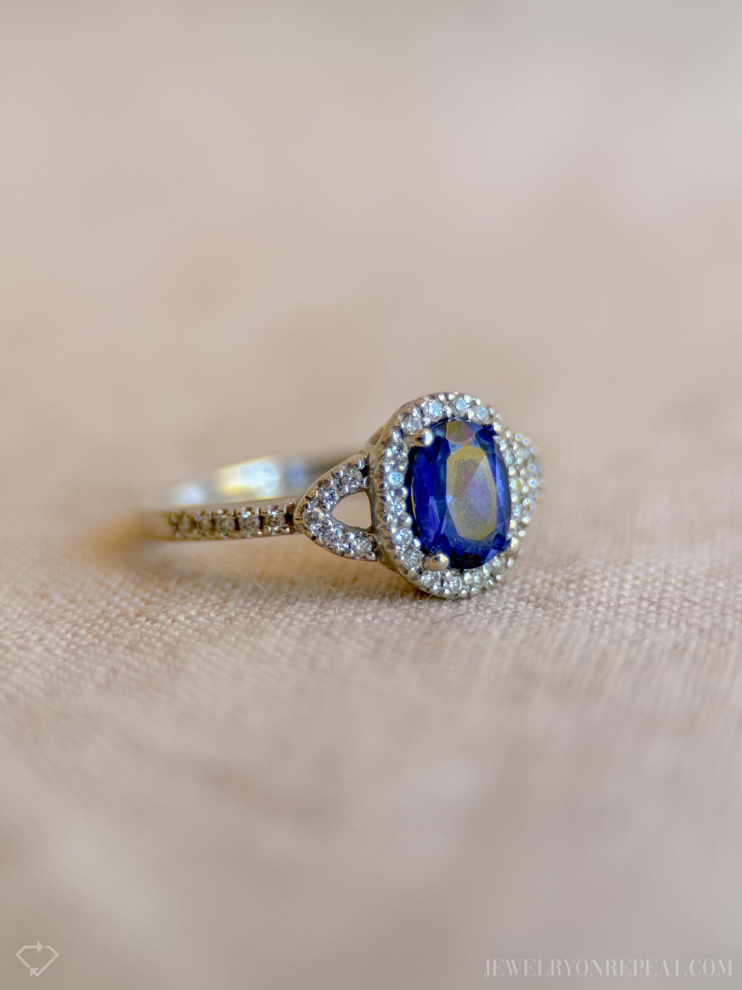 Vintage Oval Blue Sapphire Diamond Halo Ring in 10k White Gold, Retro Jewelry from the 1990s - Timeless, Sustainable, @JewelryOnRepeat