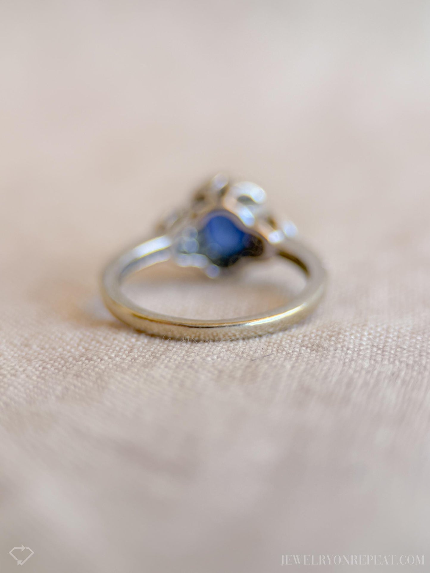 Vintage Oval Blue Sapphire Diamond Halo Ring in 10k White Gold, Retro Jewelry from the 1990s - Timeless, Sustainable, @JewelryOnRepeat