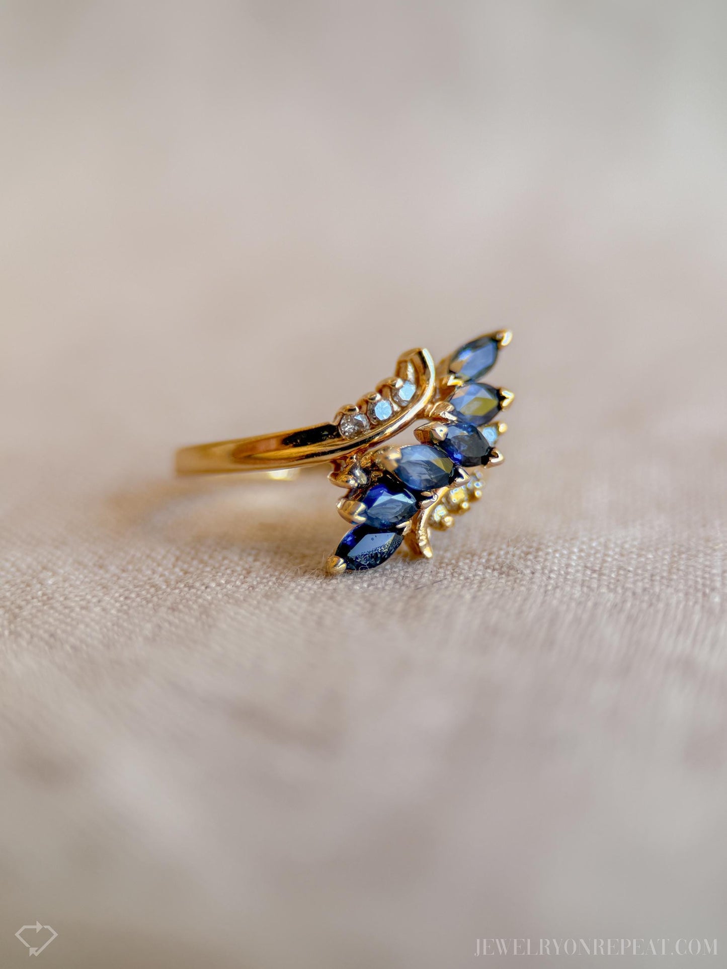 Vintage Blue Sapphire Marquise Cut Cluster Gemstone Ring in 14k Gold, Retro 1970s Jewelry - Timeless, Sustainable, @JewelryOnRepeat