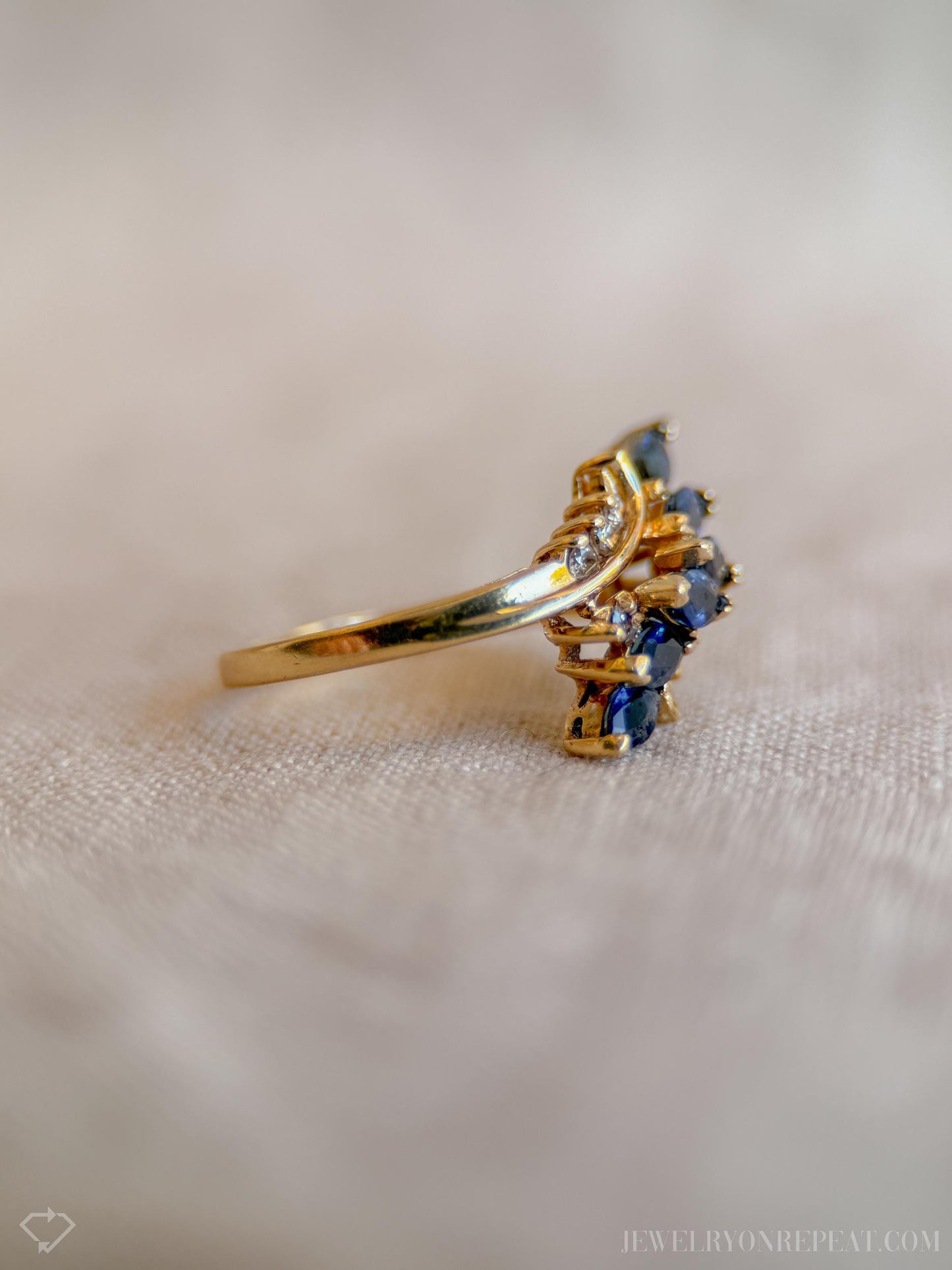 Vintage Blue Sapphire Marquise Cut Cluster Gemstone Ring in 14k Gold, Retro 1970s Jewelry - Timeless, Sustainable, @JewelryOnRepeat
