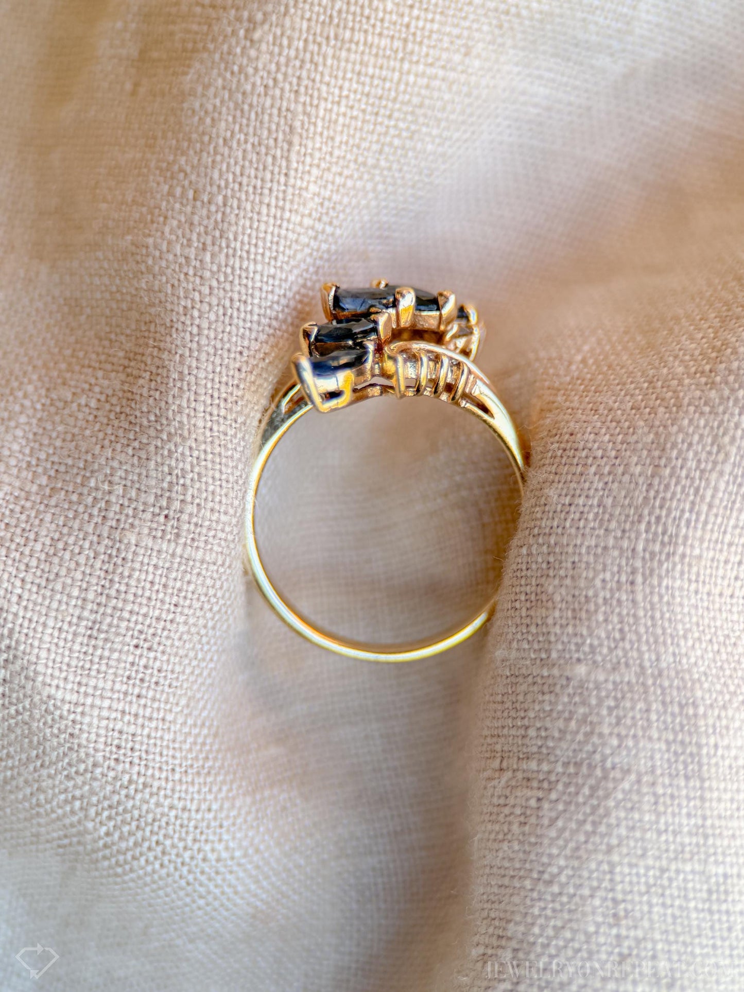 Vintage Blue Sapphire Marquise Cut Cluster Gemstone Ring in 14k Gold, Retro 1970s Jewelry - Timeless, Sustainable, @JewelryOnRepeat