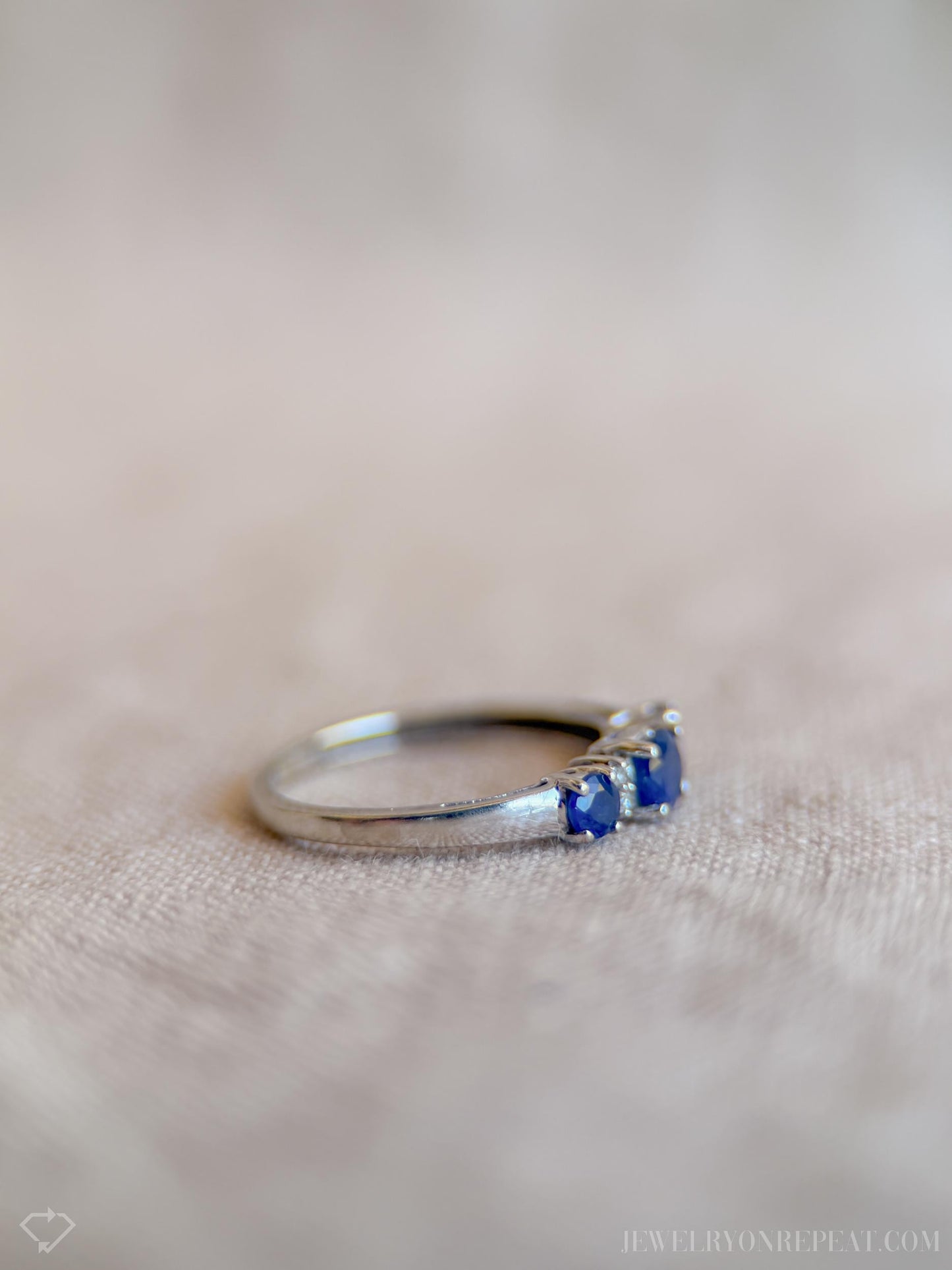 Vintage Three Stone Blue Sapphire Ring in 14k White Gold, Retro Jewelry from the 1990s - Timeless, Sustainable, @JewelryOnRepeat