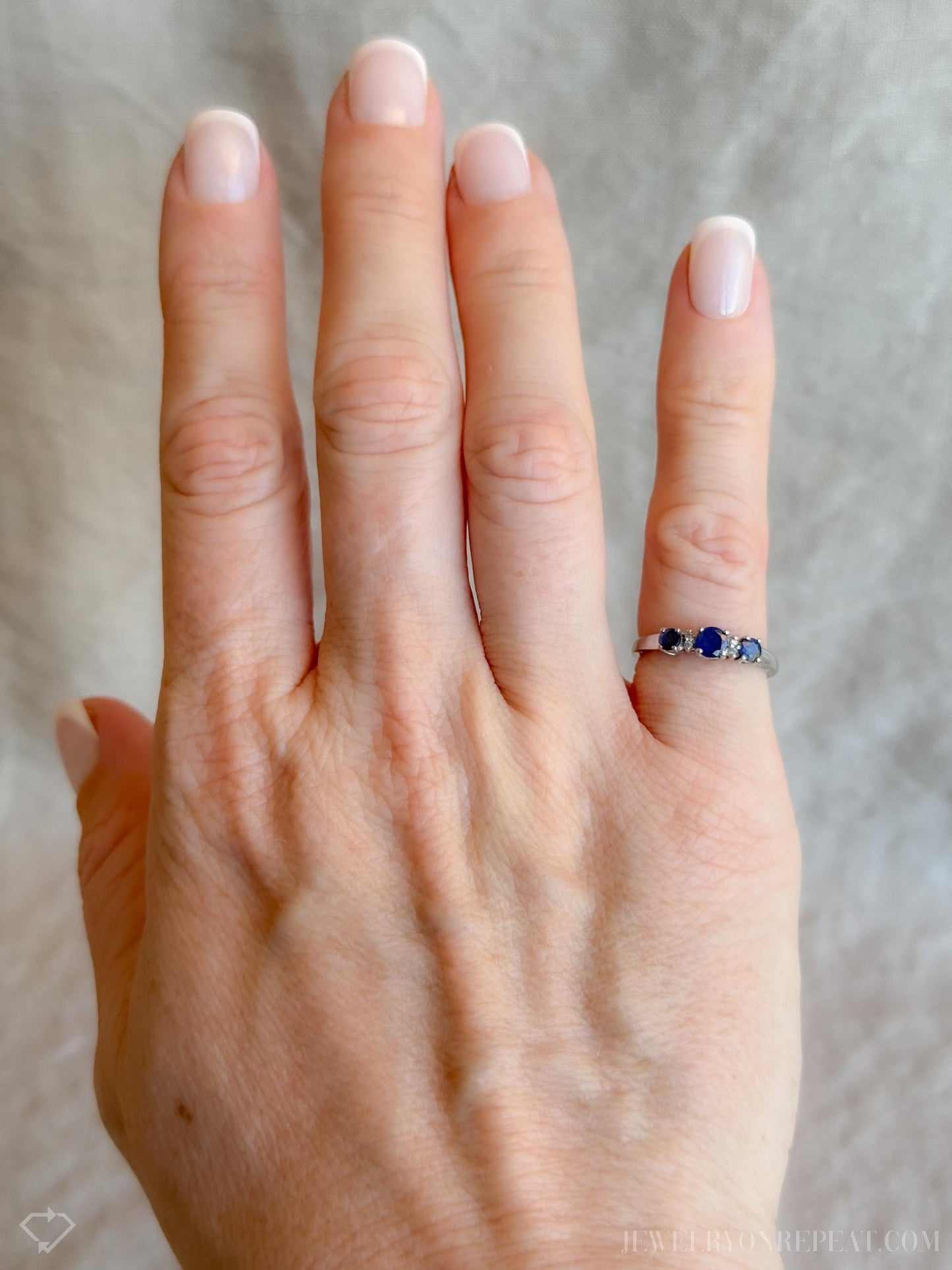 Vintage Three Stone Blue Sapphire Ring in 14k White Gold, Retro Jewelry from the 1990s - Timeless, Sustainable, @JewelryOnRepeat