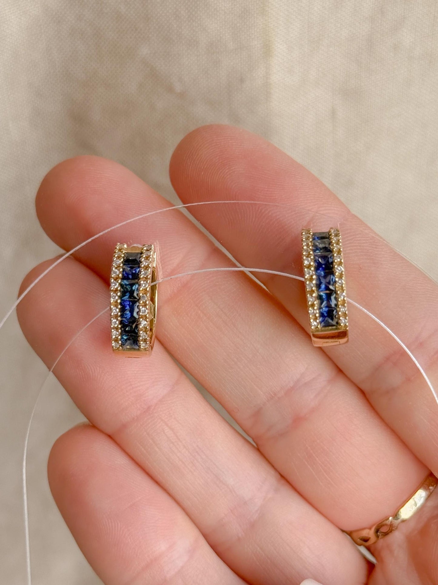 Vintage 1990s Sapphire Diamond Hoop Earrings - 14k Gold Retro Fine Jewelry for Women