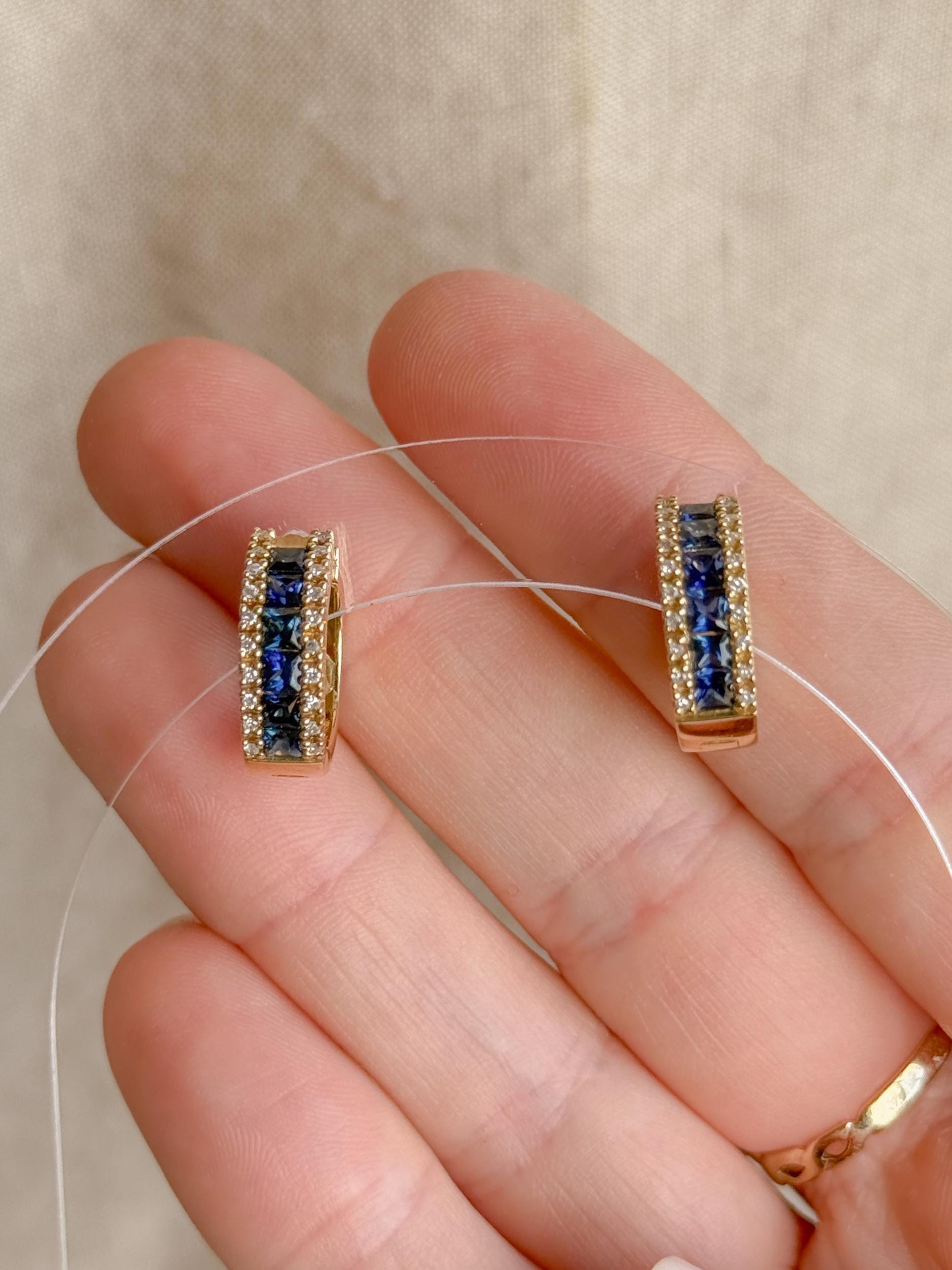 Vintage 1990s Sapphire Diamond Hoop Earrings - 14k Gold Retro Fine Jewelry for Women