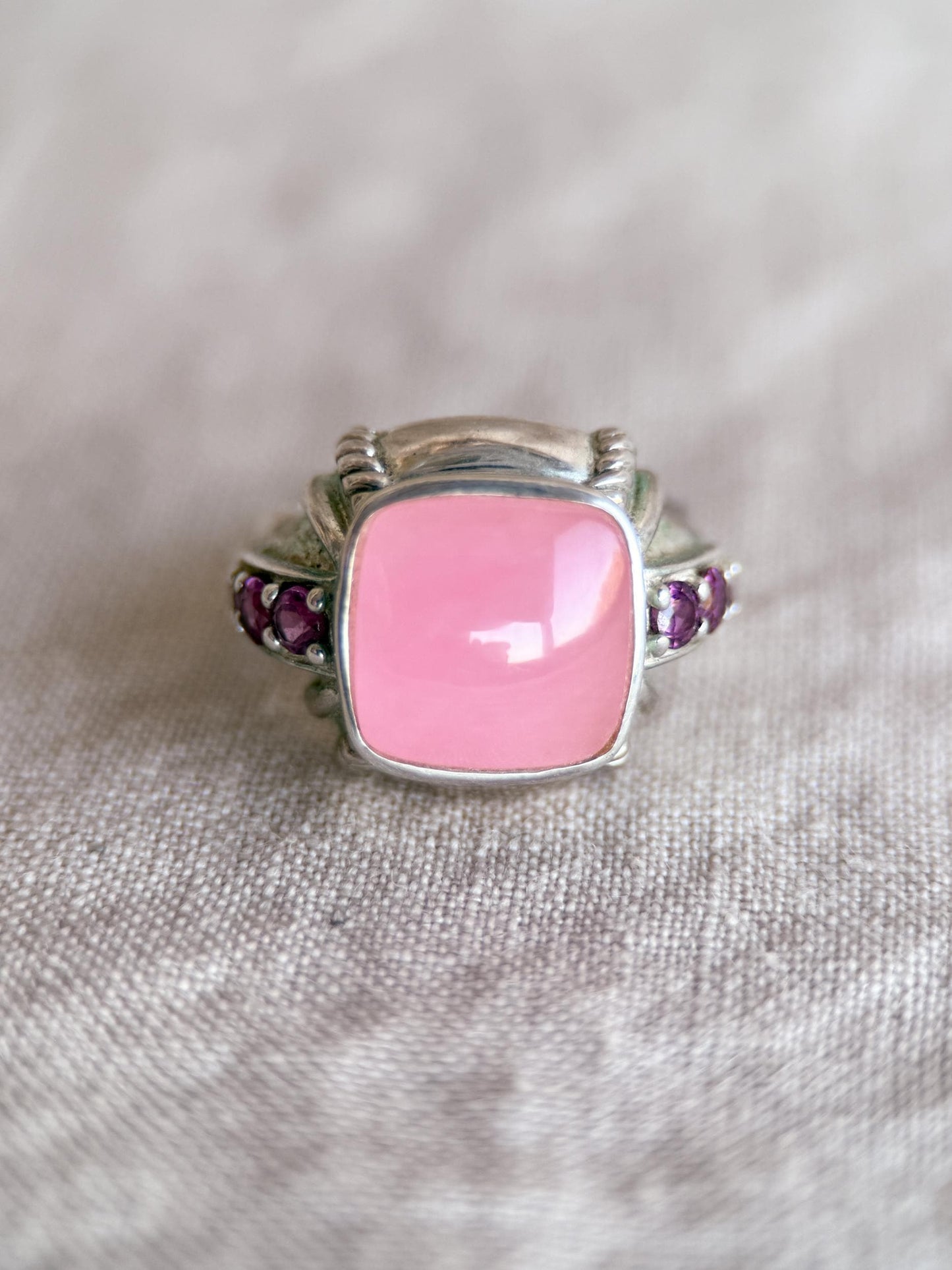 Vintage Judith Ripka Sterling Silver Pink Gemstone Statement Ring - Cabachon Gemstone Elegant Cocktail Jewelry