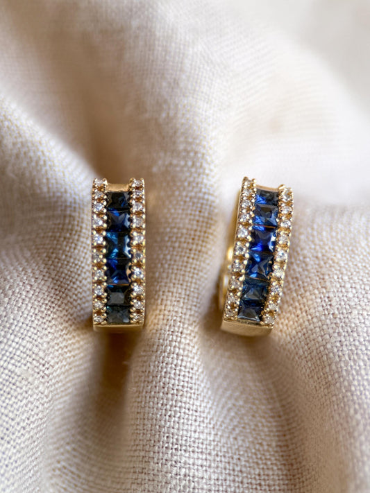 Vintage 1990s Sapphire Diamond Hoop Earrings - 14k Gold Retro Fine Jewelry for Women