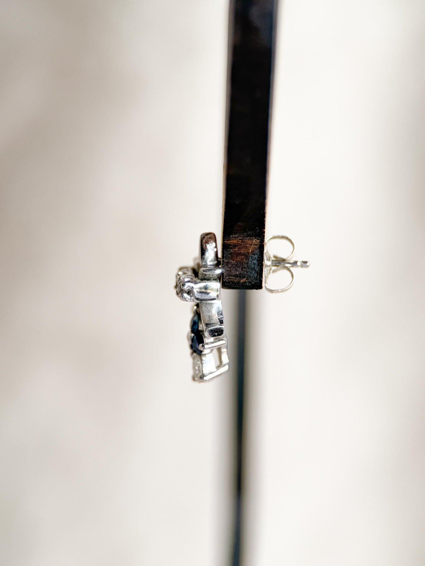 Vintage 1990s Fleur De Lis Earrings with Daimonds and Sapphires in 14k white gold