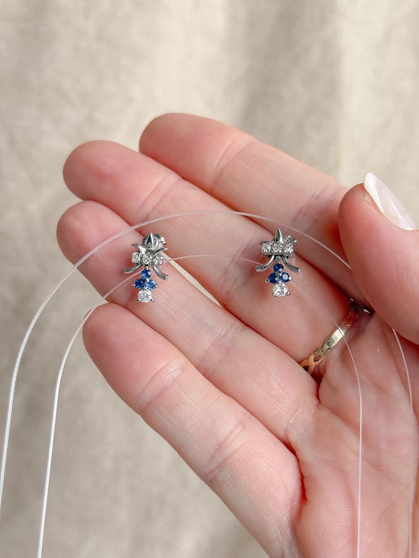 Vintage 1990s Fleur De Lis Earrings with Daimonds and Sapphires in 14k white gold