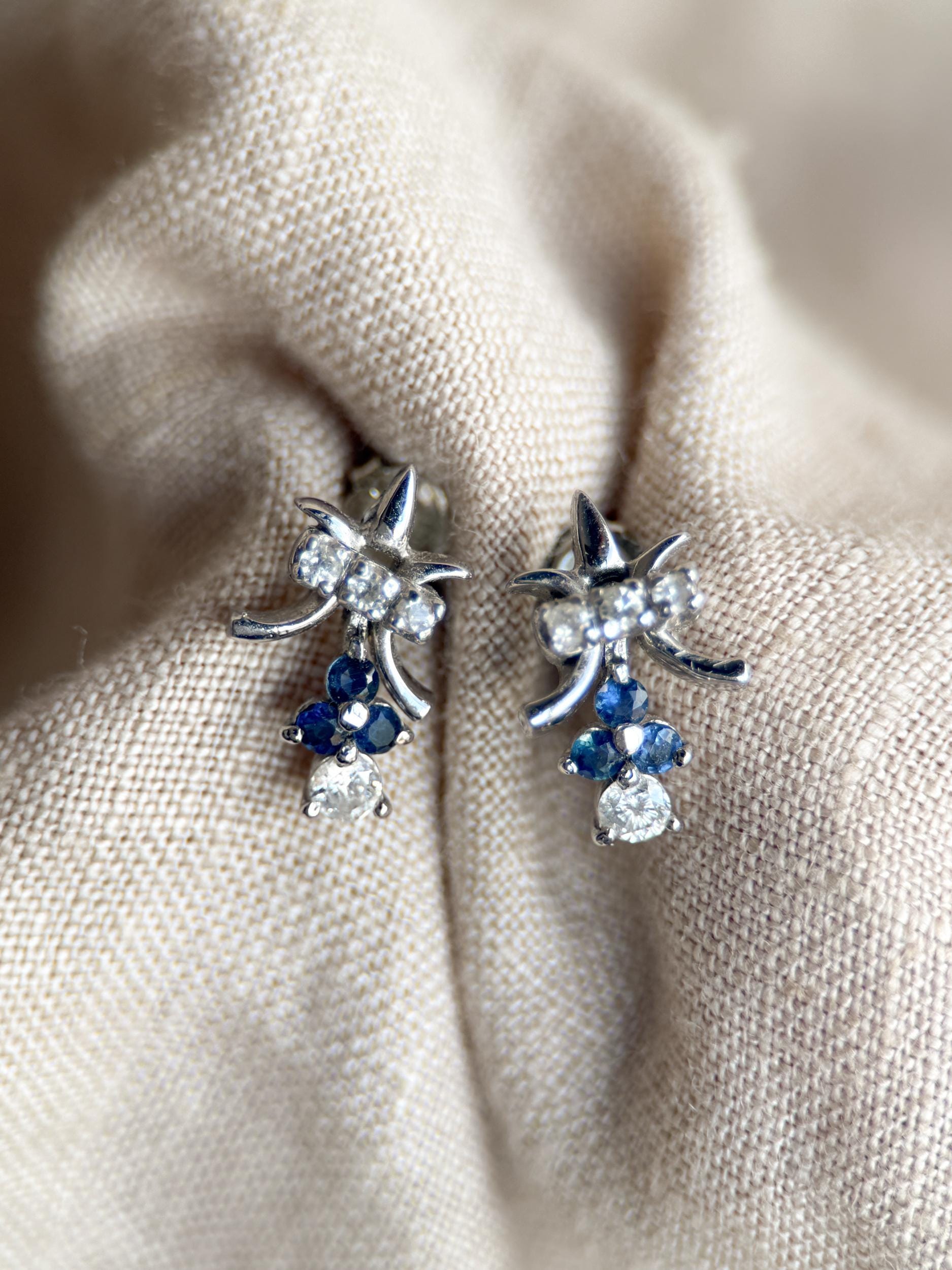 Vintage 1990s Fleur De Lis Earrings with Daimonds and Sapphires in 14k white gold