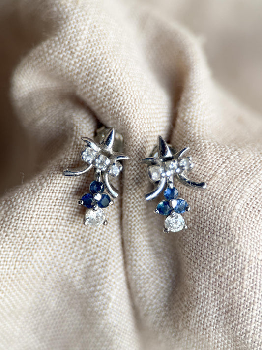 Vintage 1990s Fleur De Lis Earrings with Daimonds and Sapphires in 14k white gold