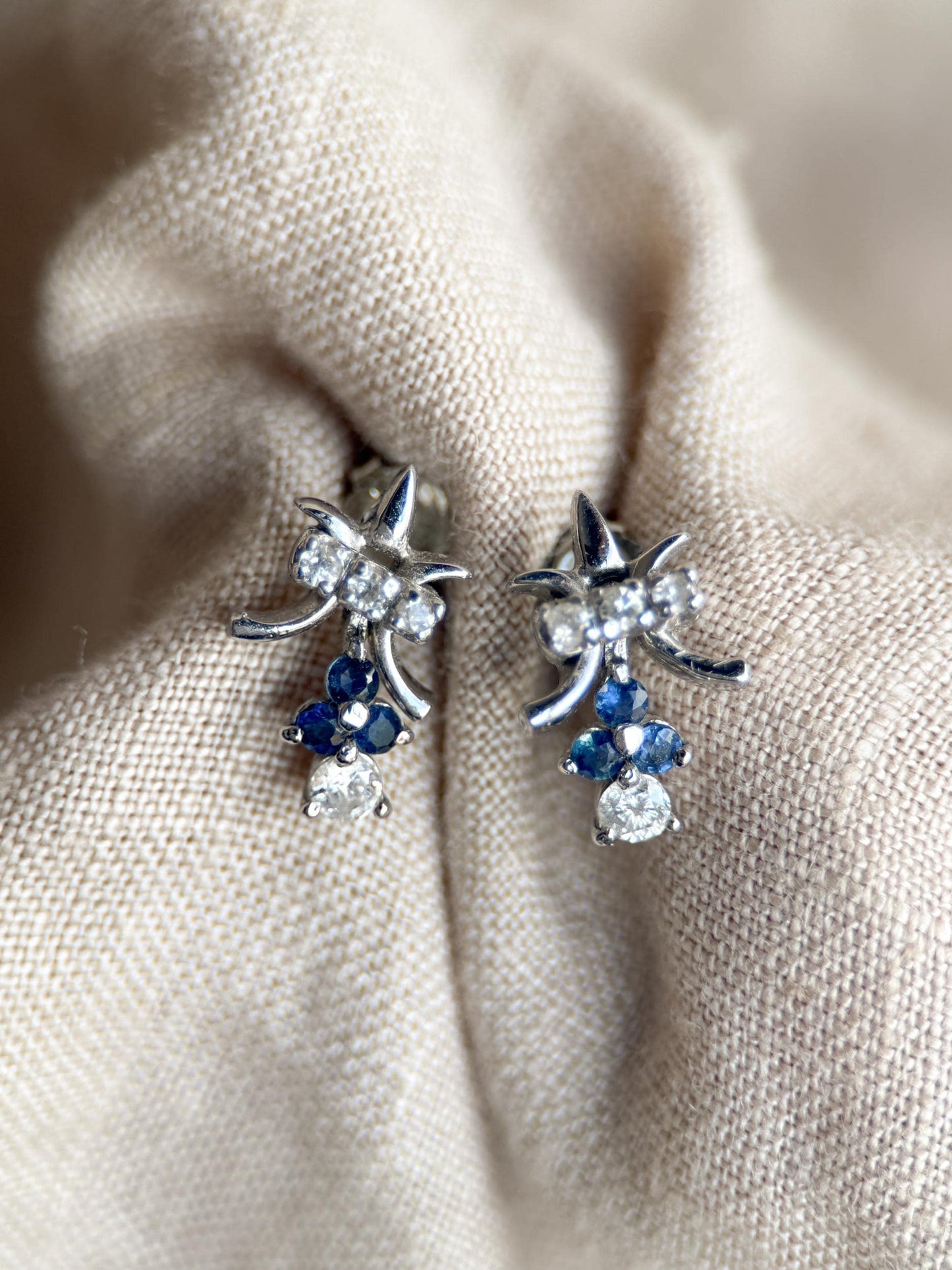 Vintage 1990s Fleur De Lis Earrings with Daimonds and Sapphires in 14k white gold