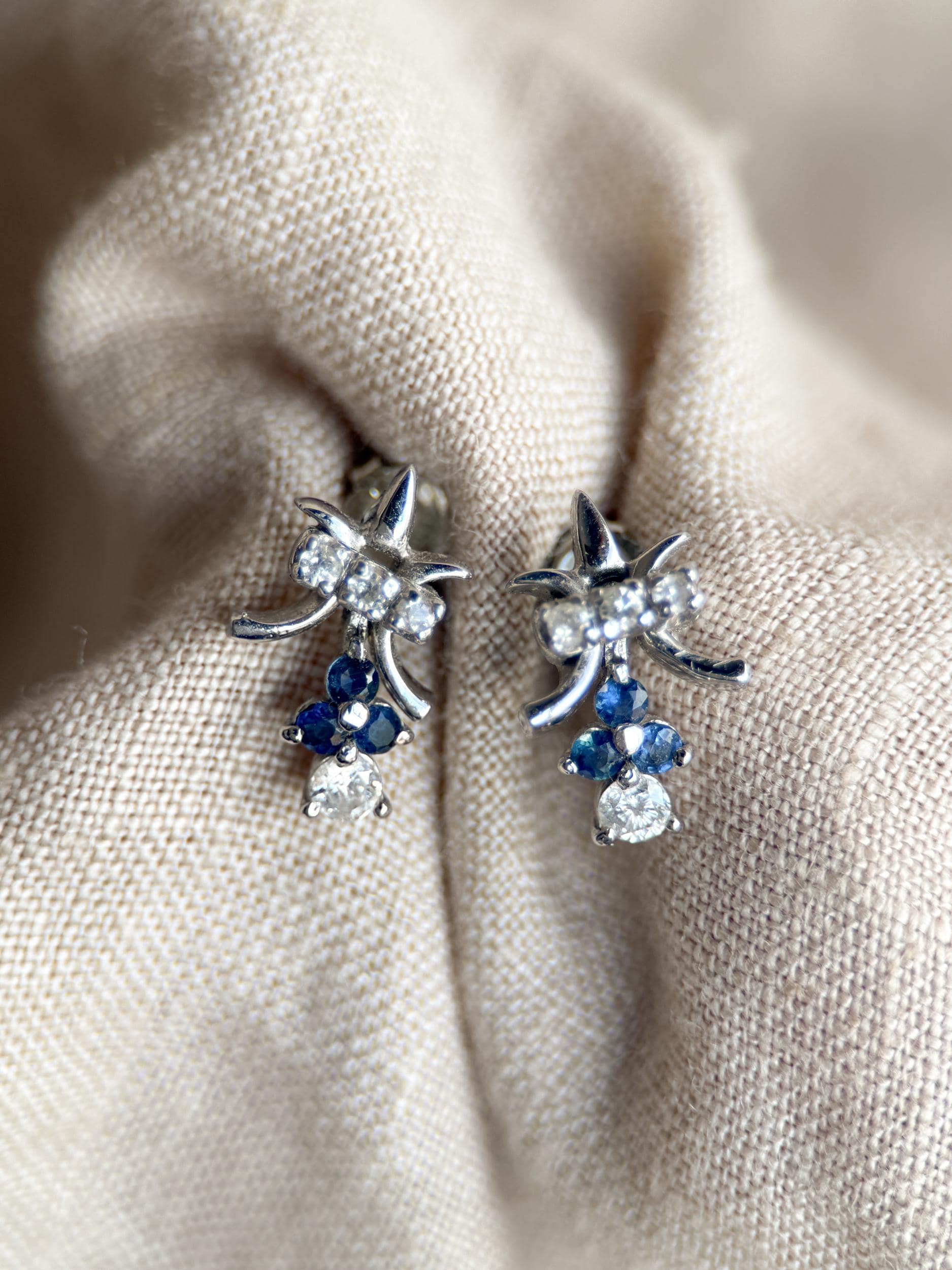 Vintage 1990s Fleur De Lis Earrings with Daimonds and Sapphires in 14k white gold