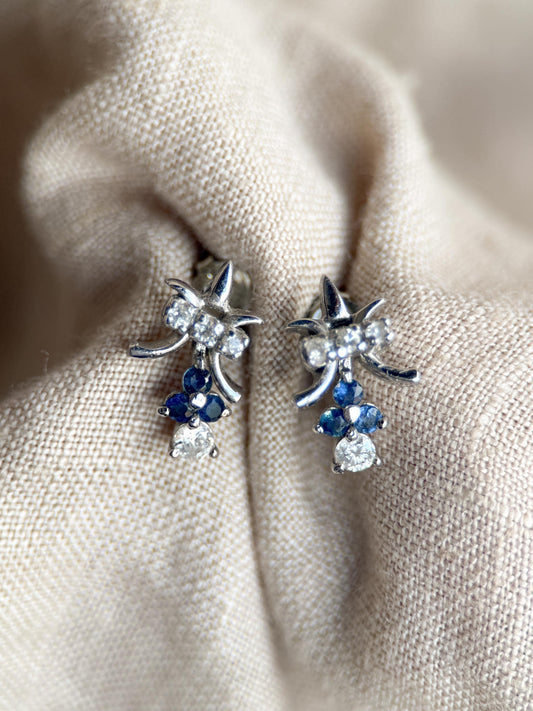 Vintage 1990s Fleur De Lis Earrings with Daimonds and Sapphires in 14k white gold