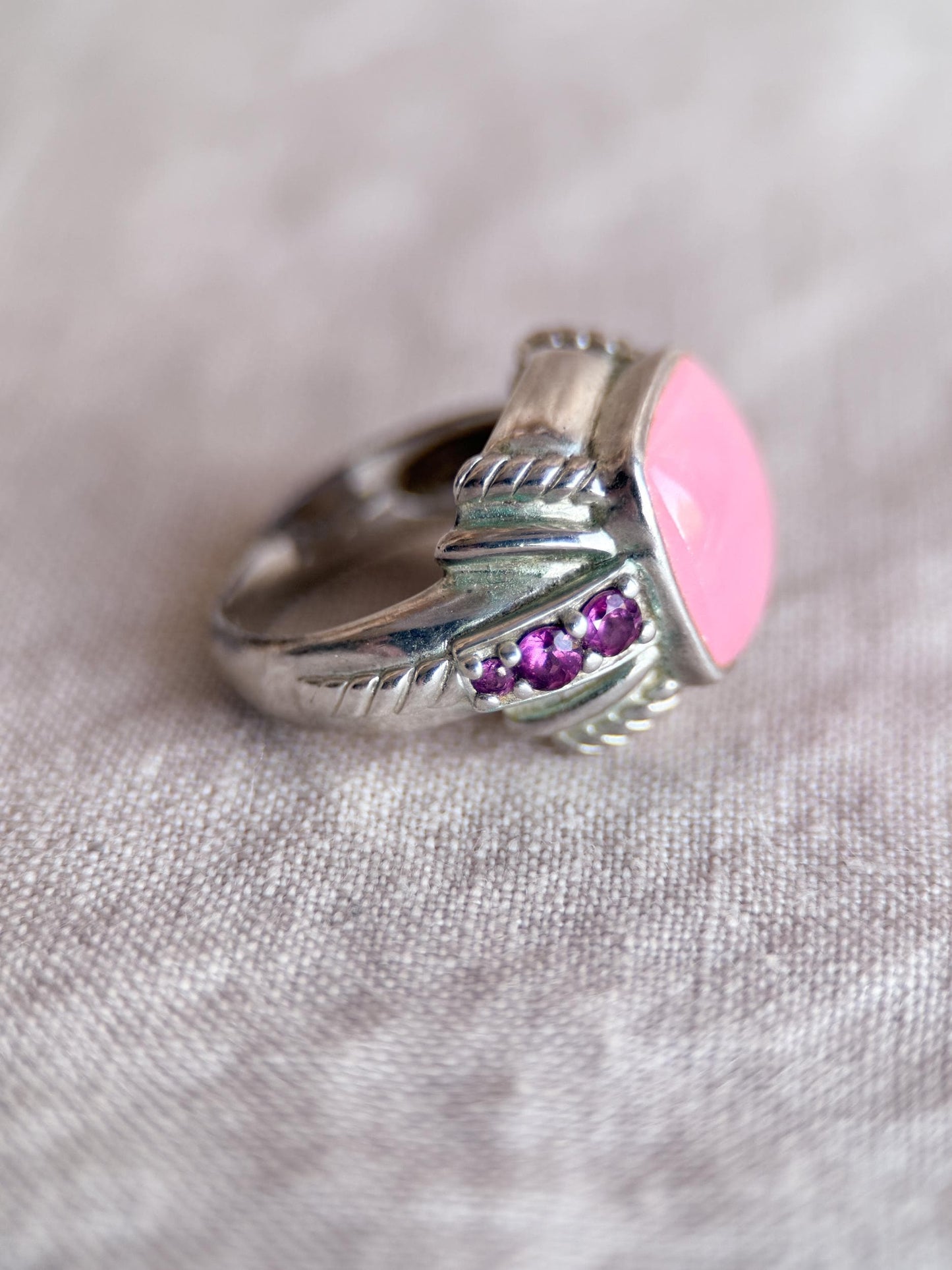 Vintage Judith Ripka Sterling Silver Pink Gemstone Statement Ring - Cabachon Gemstone Elegant Cocktail Jewelry